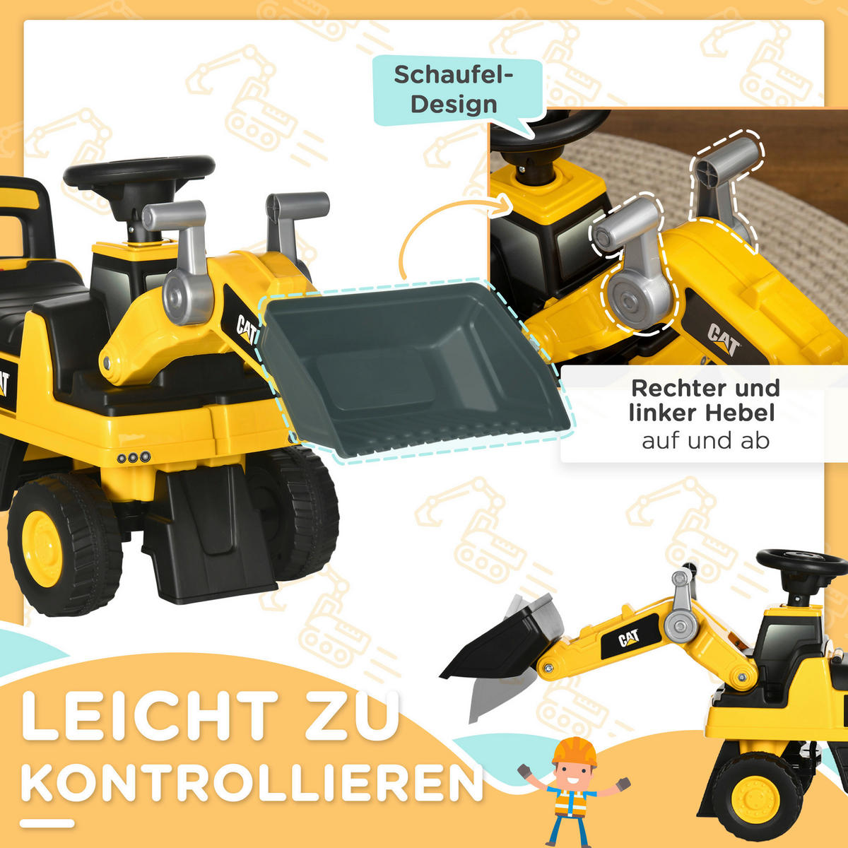 HOMCOM Kinder-Fahrzeug gelb B/H/L: ca. 29,5x78x54 cm Sitzbagger - gelb (54,00/29,50/78,00cm) - HOMCOM