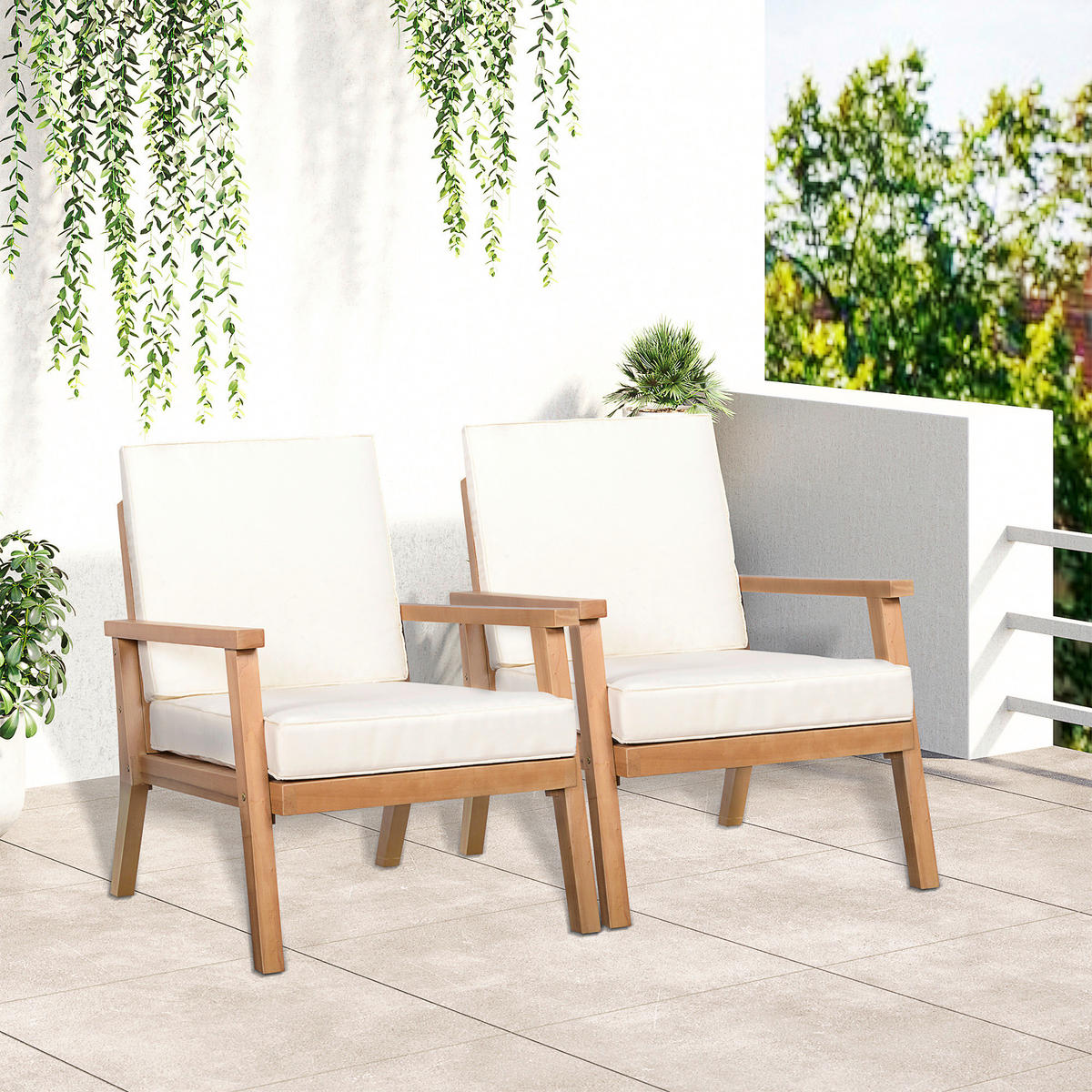 Outsunny Gartenstühle mit Kissen beige Holz B/H/L: ca. 77,5x74,5x66 cm Gartenstühle_mit_Kissen - beige/braun (66,00/77,50/74,50cm) - Outsunny