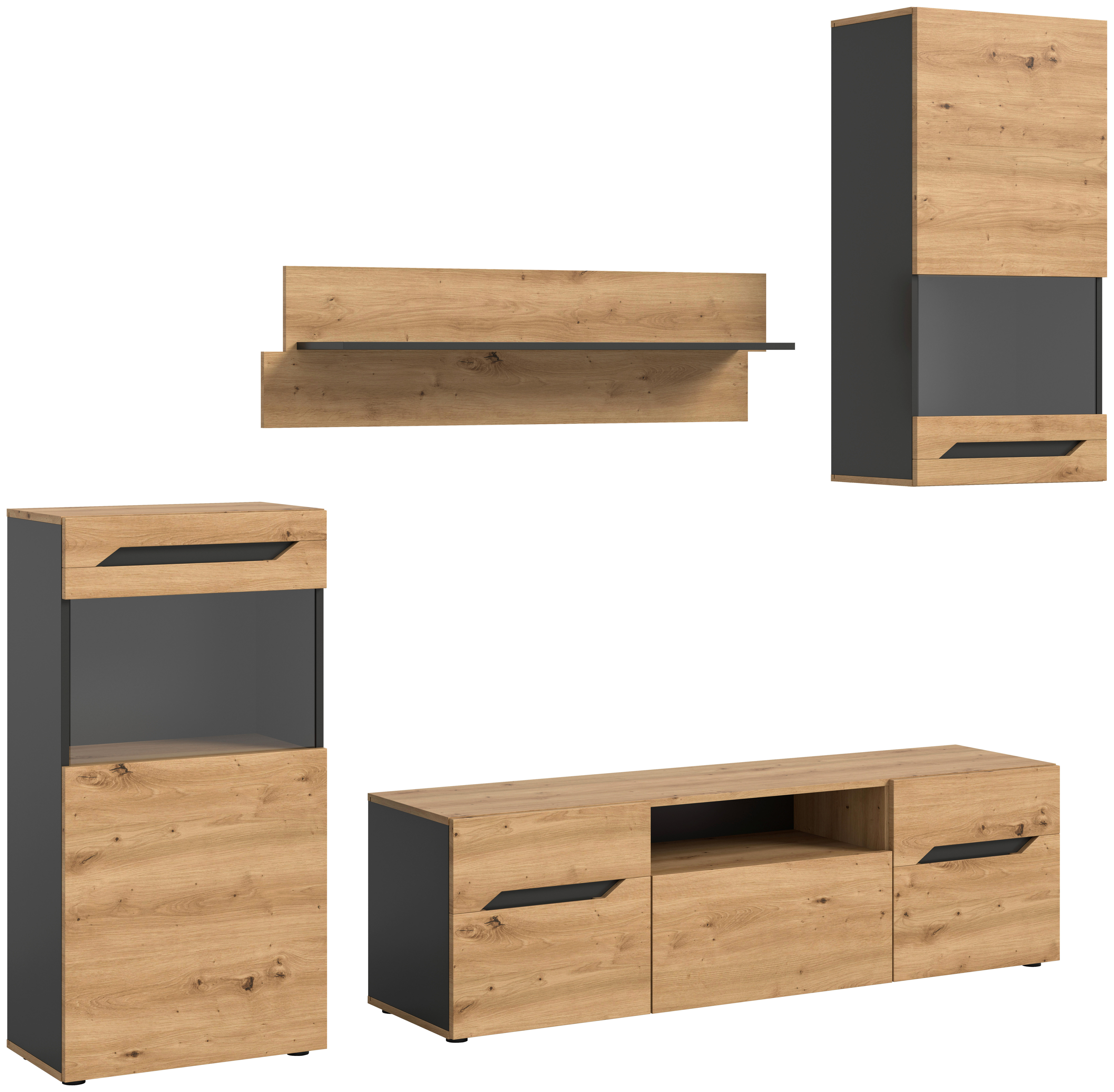 Wohnwand Caserta basaltgrau Nachbildung Artisan Oak Nachbildung B/H/T: ca. 253x196x40 cm Caserta - basaltgrau (253,00/196,00/40,00cm) - xonox.home