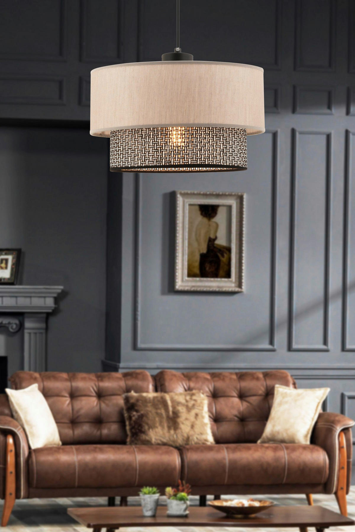 Opviq Pendelleuchte Echo grau beige Baumwolle B/H/T/L/D: ca. 30x65x30x30x30 cm E27 1 Brennstellen Echo - beige/grau (30,00/30,00/65,00cm) - Opviq