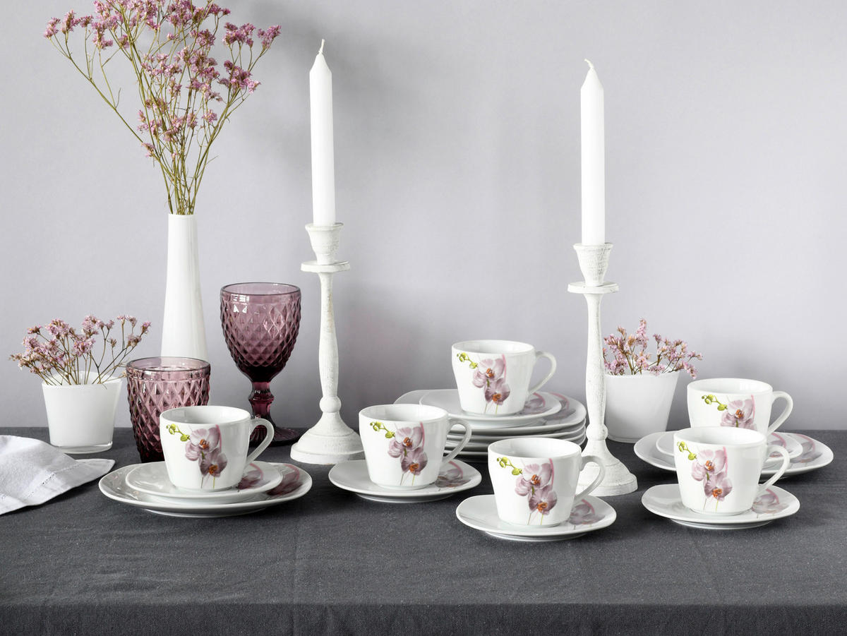 CreaTable Kaffeeservice Square Orchidee weiß Porzellan 18 tlg. Square Orchidee - weiß/mauve - CreaTable