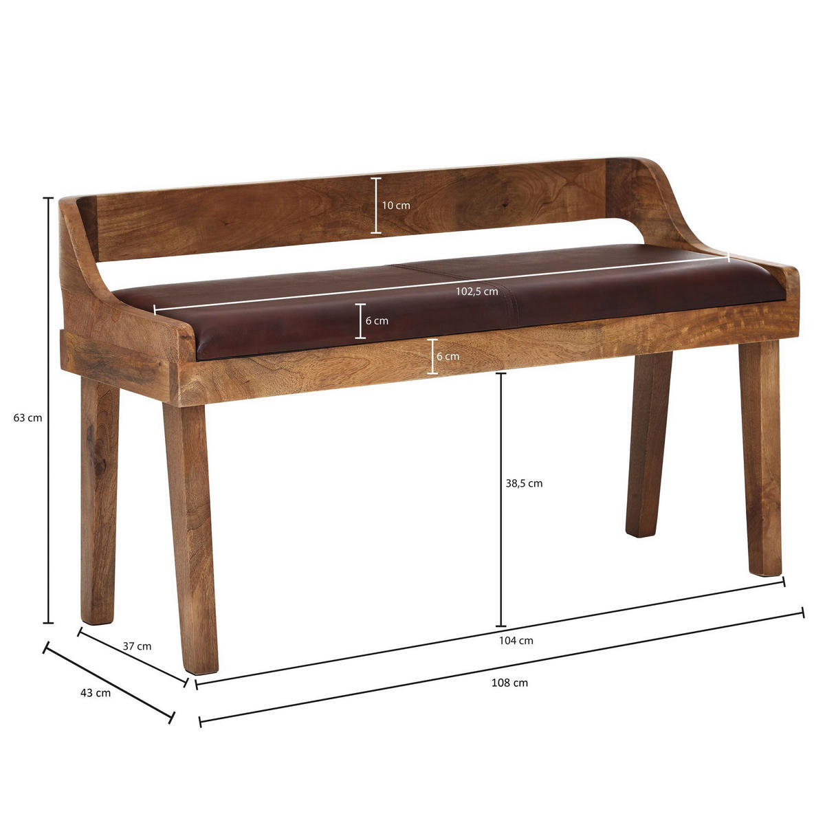 Wohnling Sitzbank dunkelbraun natur Leder Echtholz B/H/T: ca. 108x63x43 cm Sitzbank - dunkelbraun/natur (108,00/63,00/43,00cm) - Wohnling