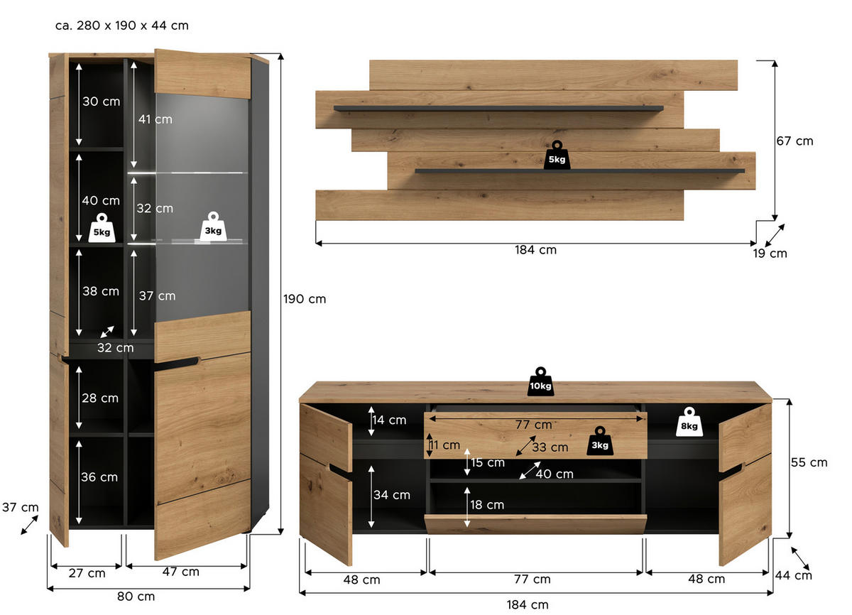 Wohnwand Canu basaltgrau Nachbildung Artisan Oak Nachbildung B/H/T: ca. 280x190x44 cm Canu - basaltgrau (280,00/190,00/44,00cm) - xonox.home