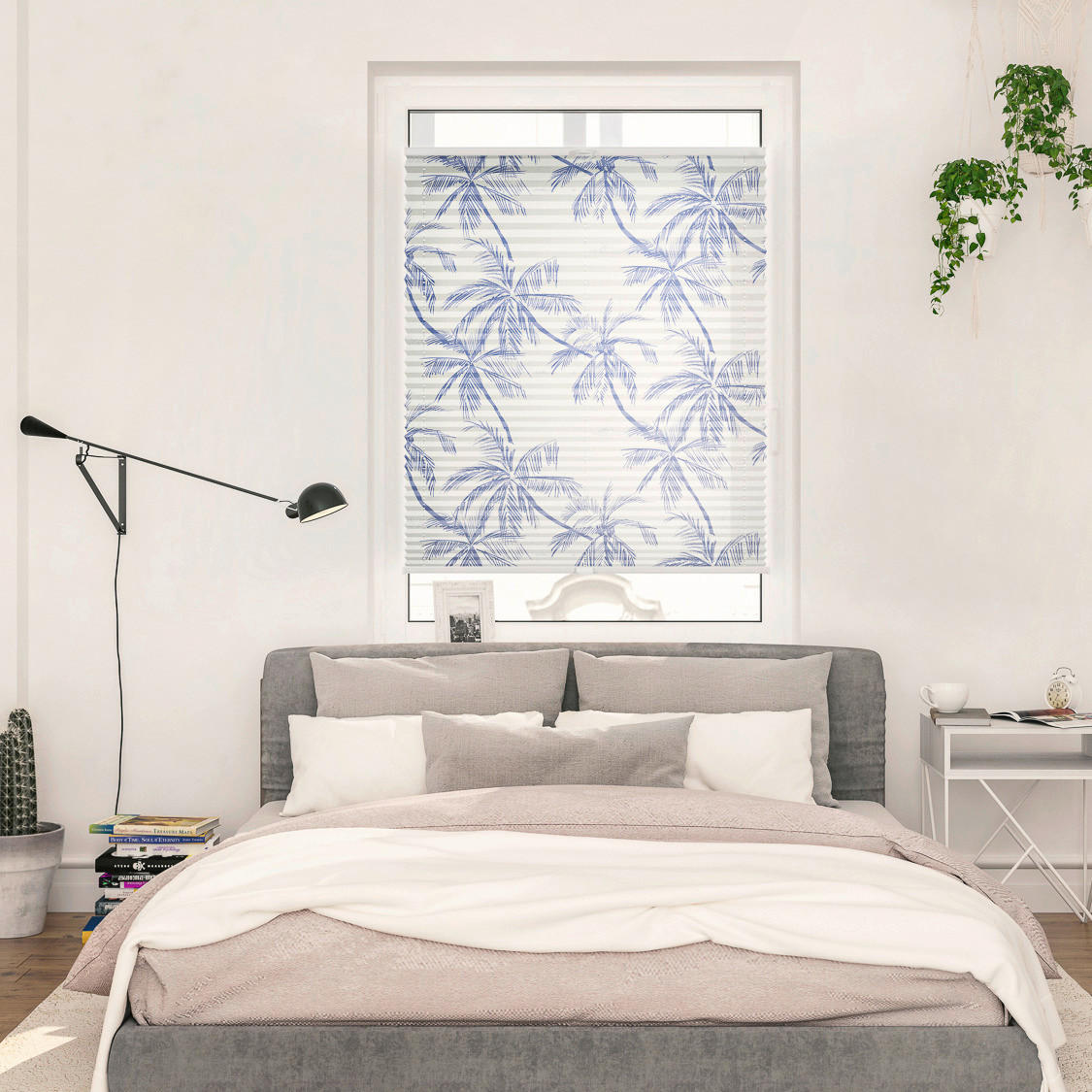 Spannplissee Blueprint Palms blau B/L: ca. 45x130 cm