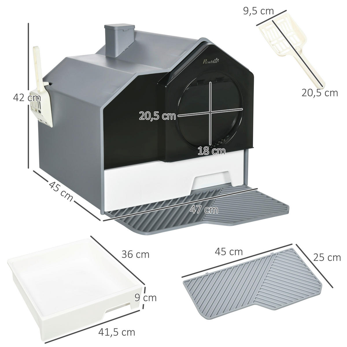 PawHut Katzen-Zubehör grau Polypropylen B/H/L: ca. 45x47x42 cm Katzentoilette - grau (42,00/45,00/47,00cm) - PawHut