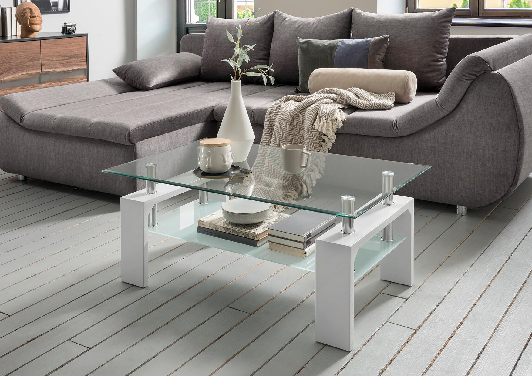 Glascouchtisch Modena weiß Hochglanz glasklar B/H/T: ca. 100x45x60 cm Modena - weiß/glasklar (100,00/45,00/60,00cm)