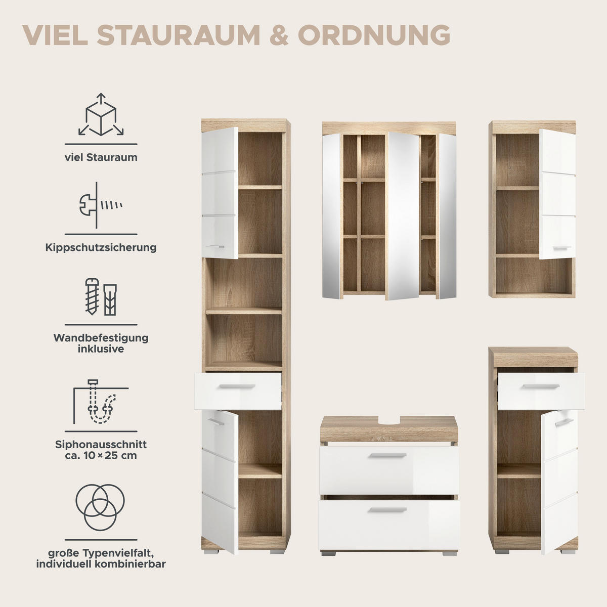 Badezimmer-Set Lambada Eiche Sonoma Nachbildung weiß Hochglanz B/H/T: ca. 164x191x37 cm Lambada - Eiche/weiß (164,00/191,00/37,00cm) - xonox.home