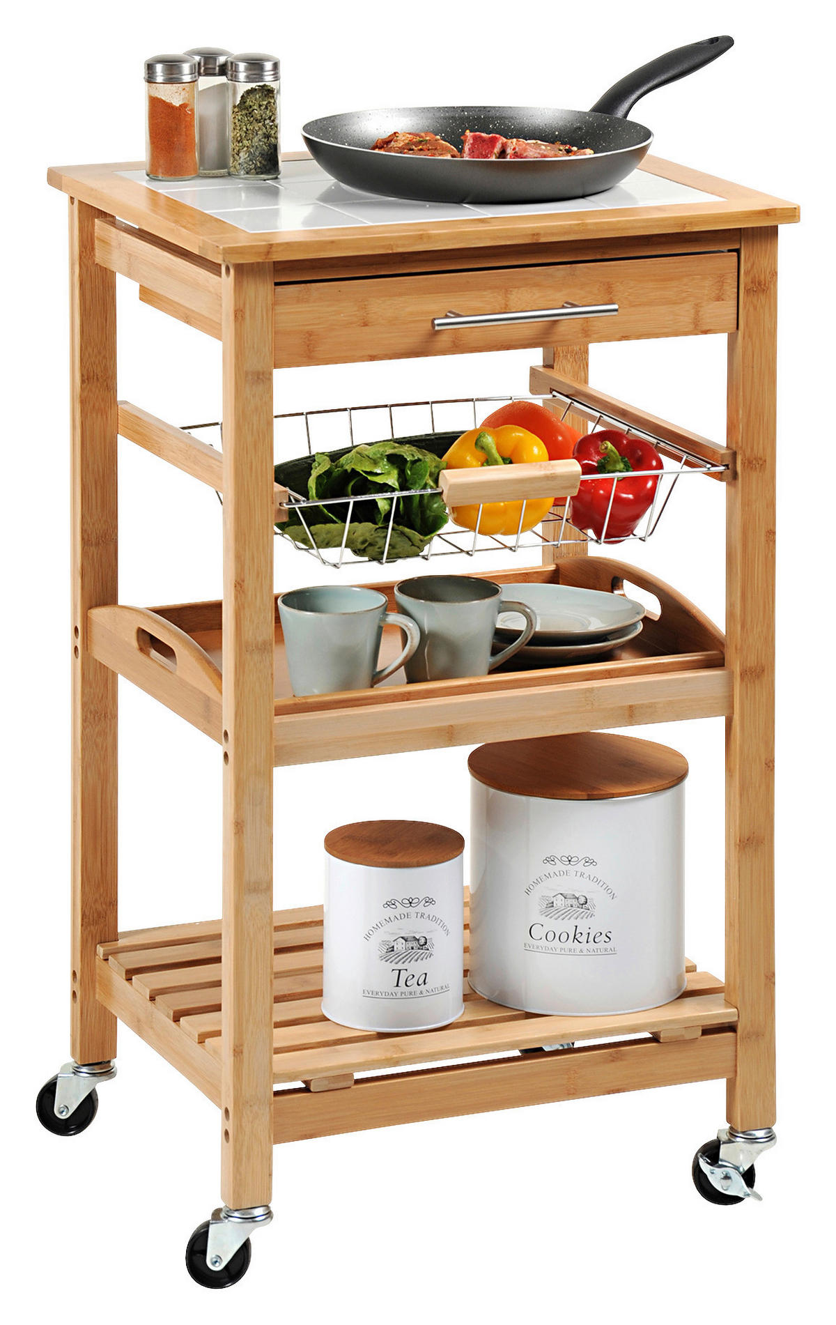 Kesper Küchenwagen weiß Bambus B/H/L: ca. 38x81x48 cm Küchenwagen - weiß/natur (48,00/38,00/81,00cm) - Kesper