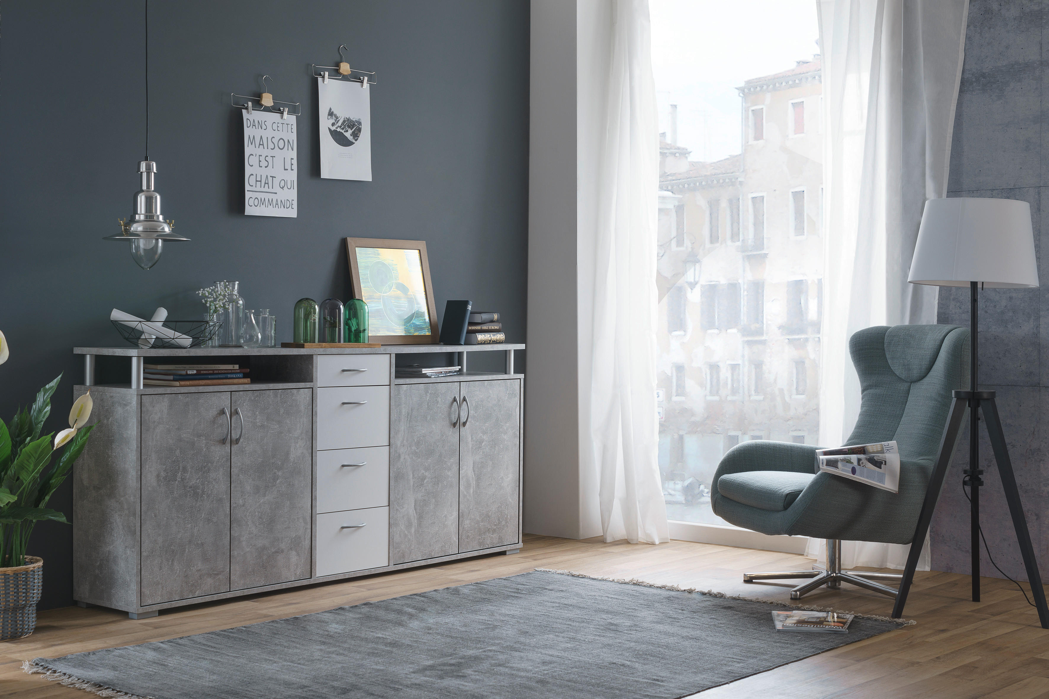 Sideboard Maximo Beton Optik weiß B/H/T: ca. 208x94x38 cm Maximo - weiß (208,00/94,00/38,00cm)