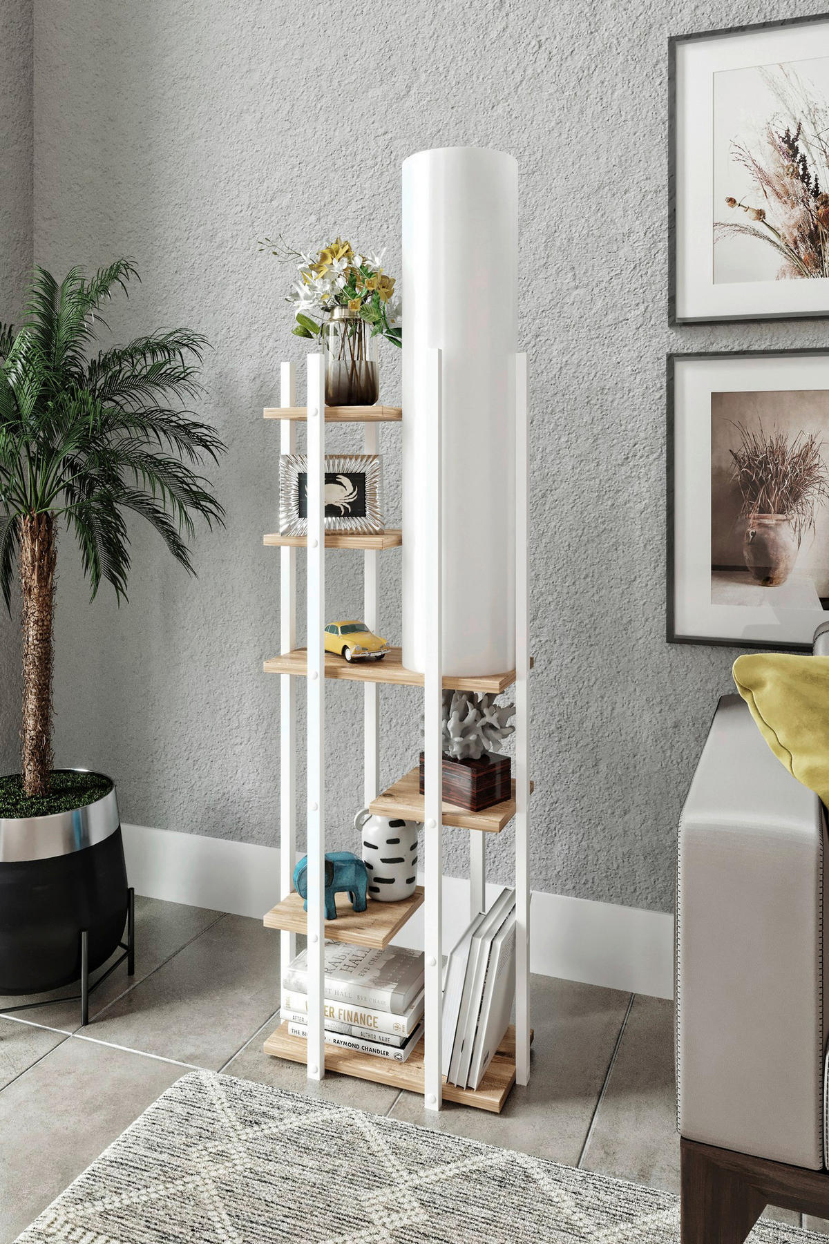 Opviq Stehleuchte natur weiß Spanplatte MDF B/H/T/L: ca. 25x160x25x45 cm E27 1 Brennstellen Vogue - weiß/natur (45,00/25,00/160,00cm) - Opviq