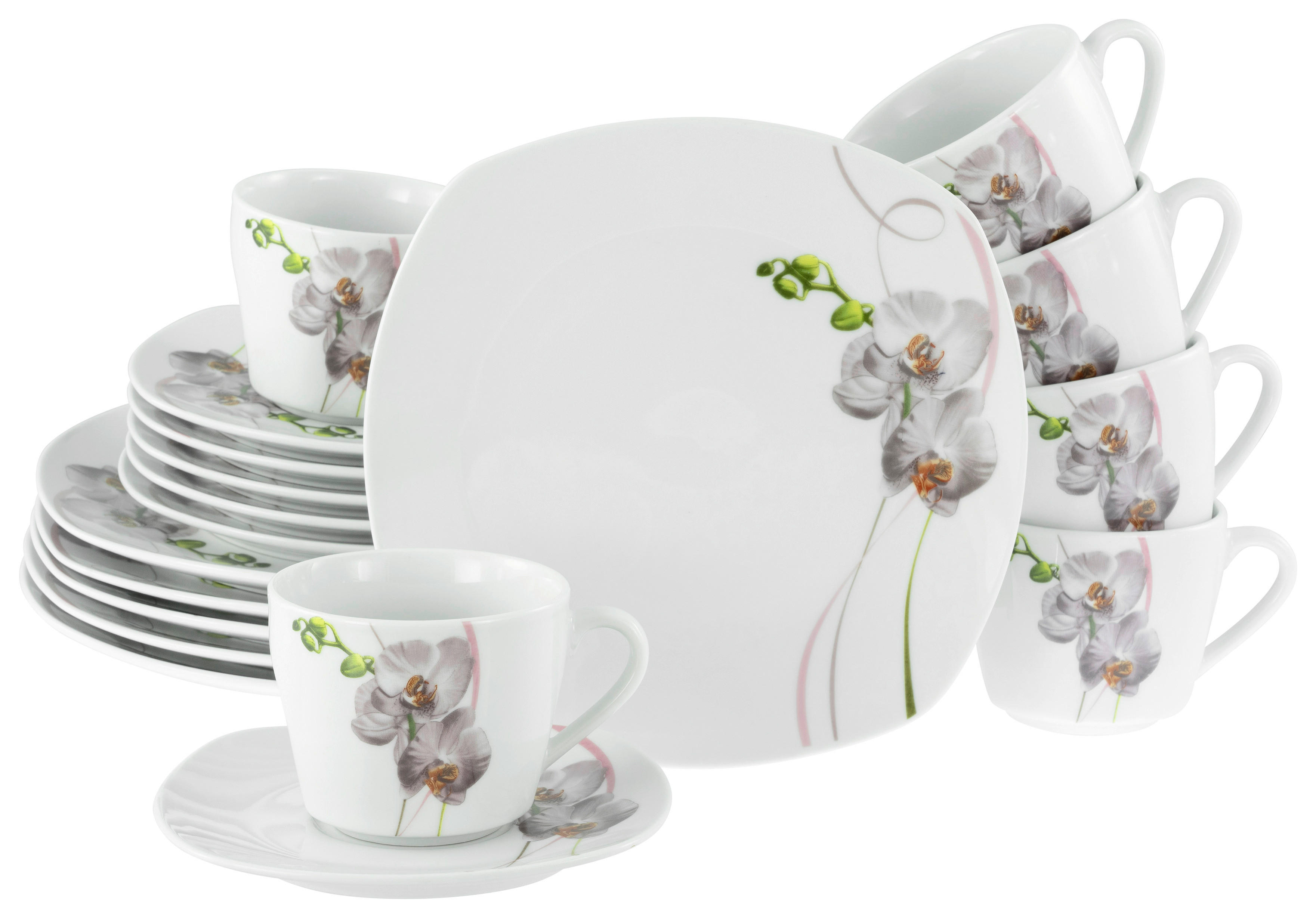 CreaTable Kaffeeservice Square Orchidee weiß Porzellan 18 tlg. Square Orchidee - weiß/mauve - CreaTable