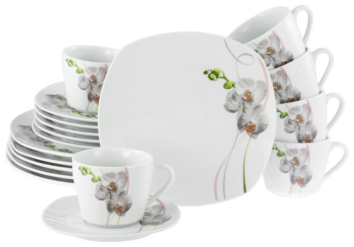 CreaTable Kaffeeservice Square Orchidee weiß Porzellan 18 tlg. Square Orchidee - weiß/mauve - CreaTable
