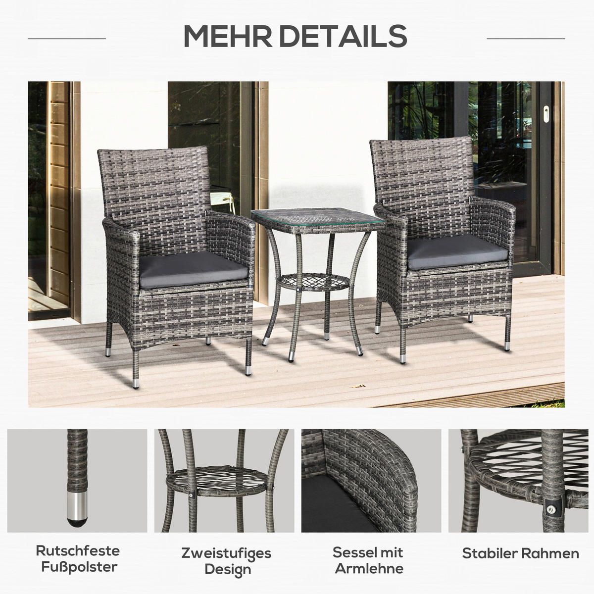 Outsunny Sitzgruppe dunkelgrau Polyrattan B/H/L: ca. 58,5x60x89,5 cm Gartenmöbel-Set - dunkelgrau (89,50/58,50/60,00cm) - Outsunny