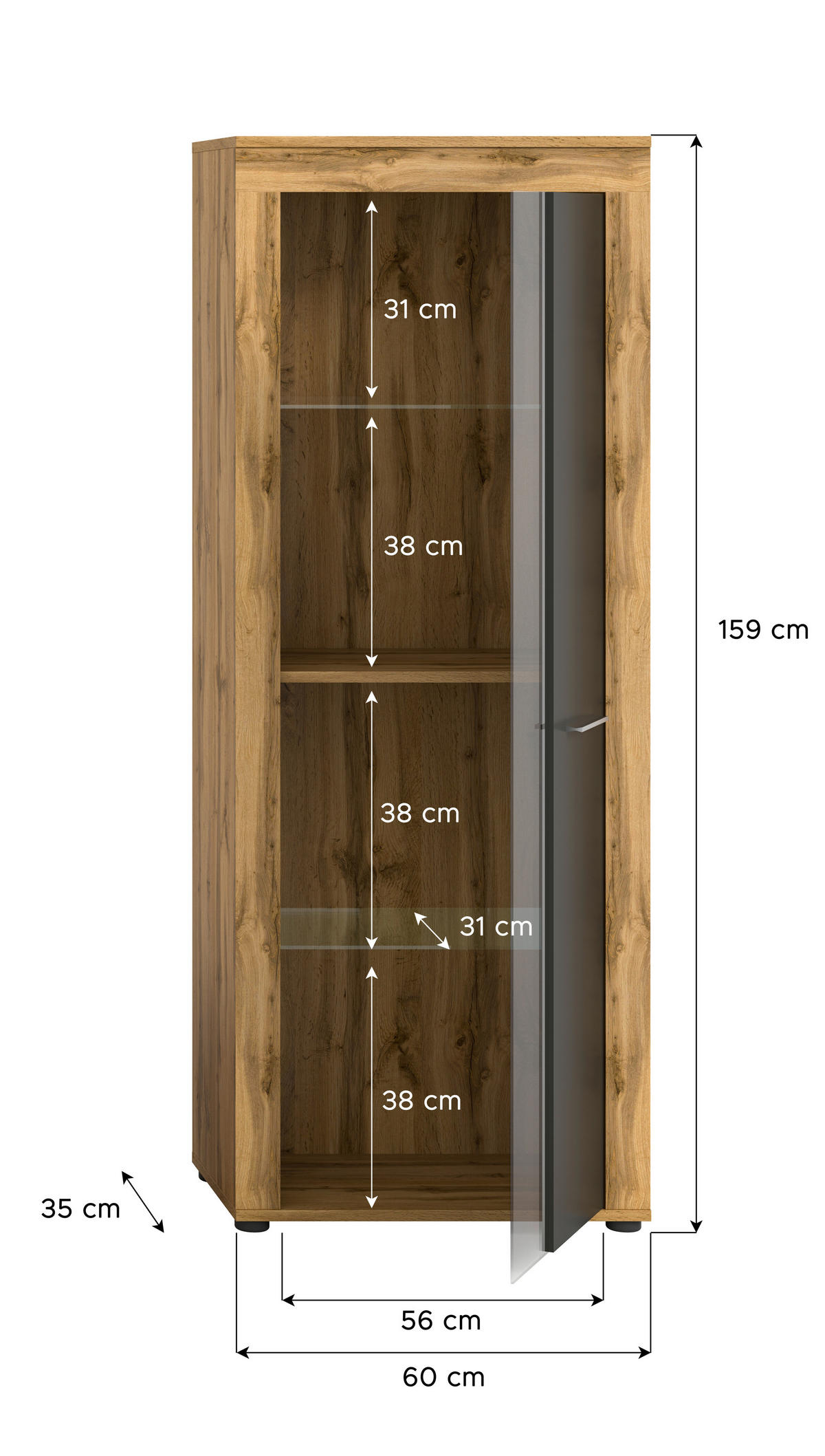 Vitrine Jam Eiche Wotan Nachbildung grau B/H/T: ca. 60x159x35 cm Jam - Eiche/grau (60,00/159,00/35,00cm) - xonox.home