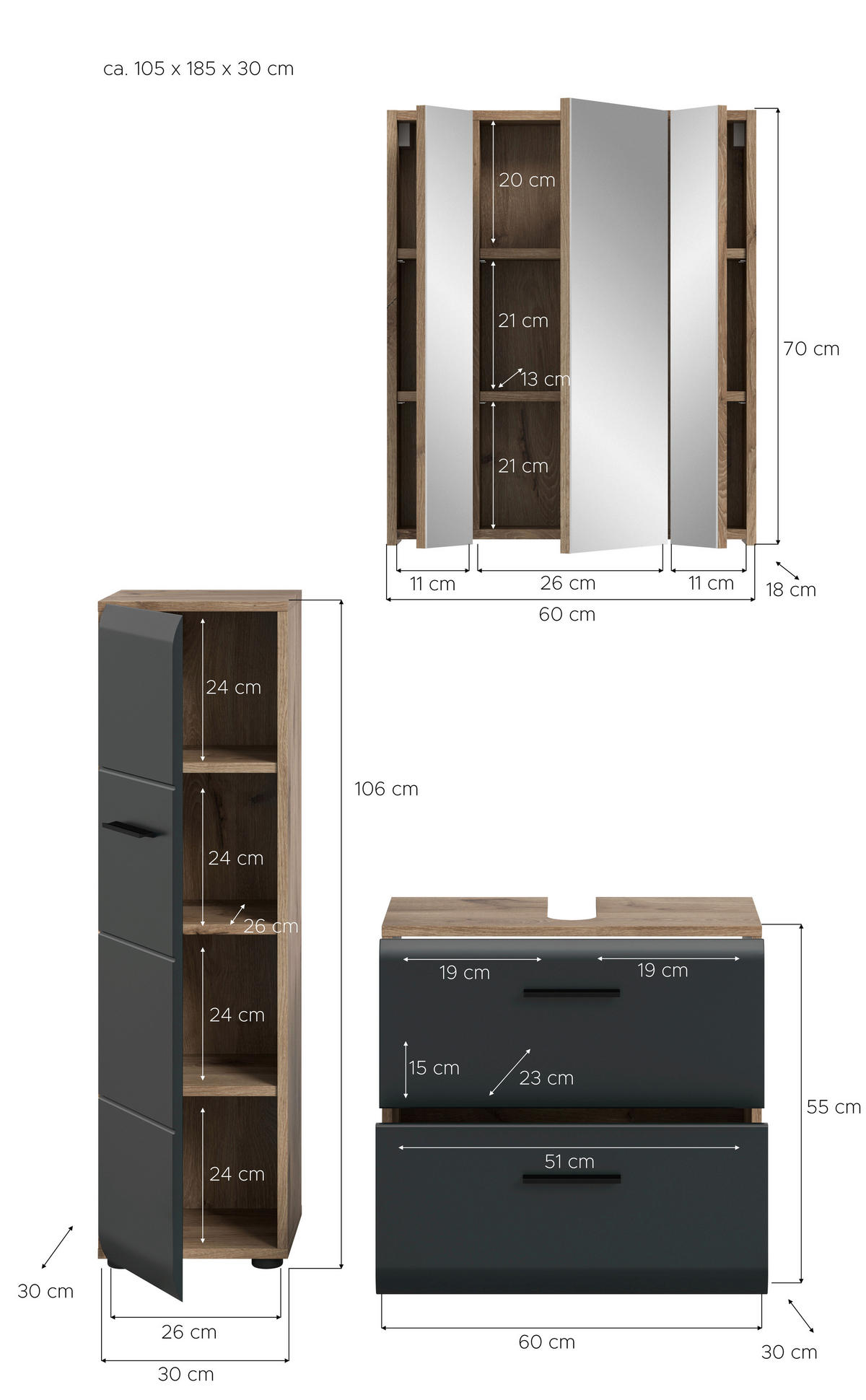 Badezimmer-Set Ice Nox Oak Nachbildung schwarz matt B/H/T: ca. 105x185x30 cm Ice - schwarz (105,00/185,00/30,00cm) - xonox.home
