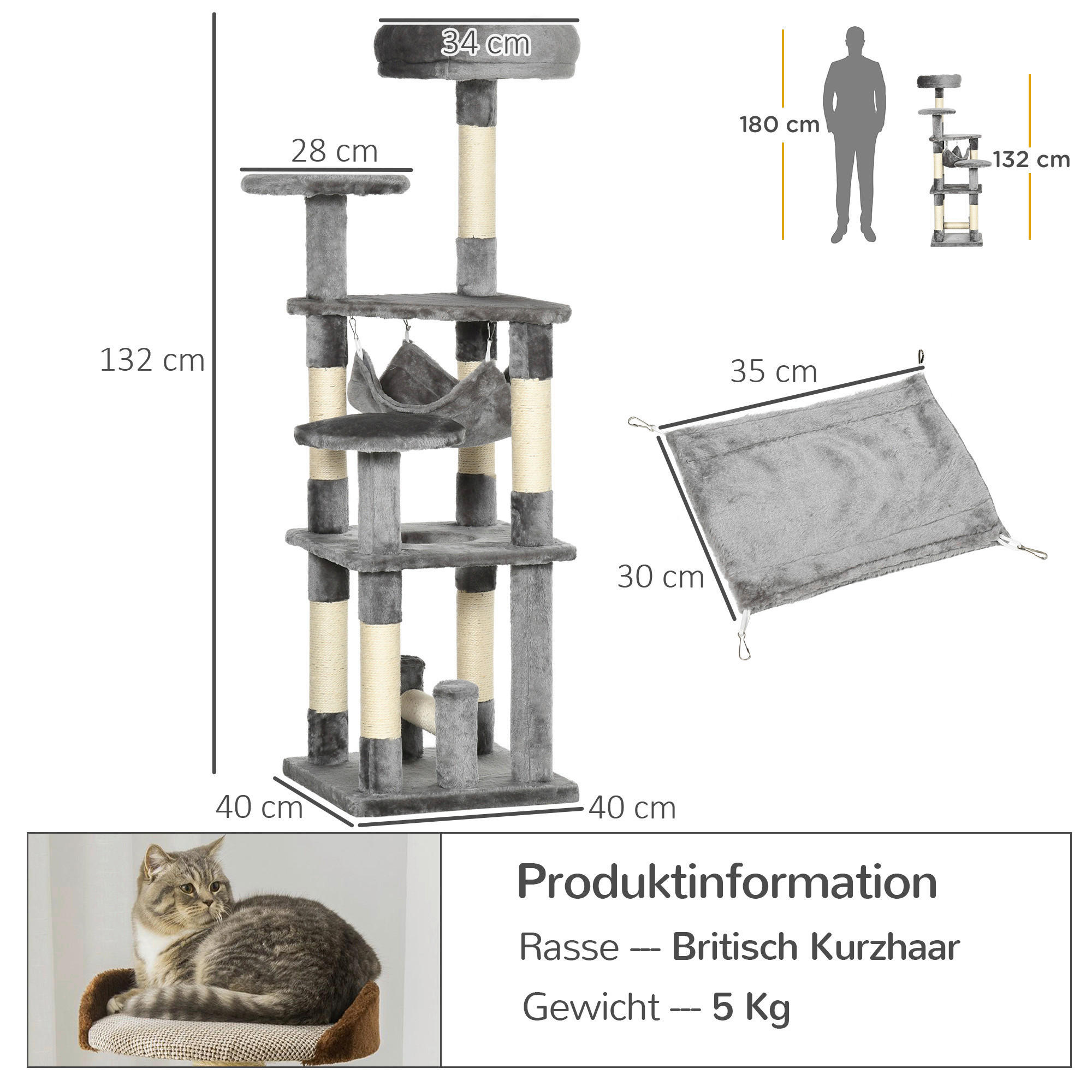 PawHut Katzen-Zubehör grau Edelstahl B/H/L: ca. 40x40x132 cm Katzenbaum - grau (132,00/40,00/40,00cm) - PawHut