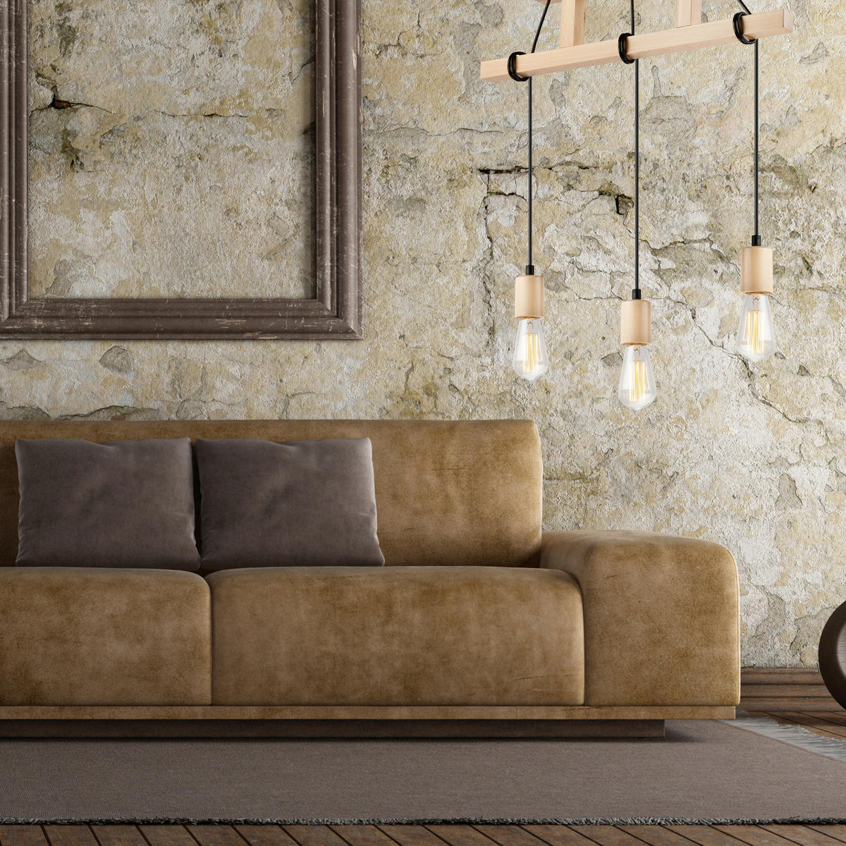 Lamkur Pendelleuchte LEON 34799 natur Stahl Holz H/L: ca. 74x60 cm E27 3 Brennstellen Leon - natur (60,00cm) - Lamkur