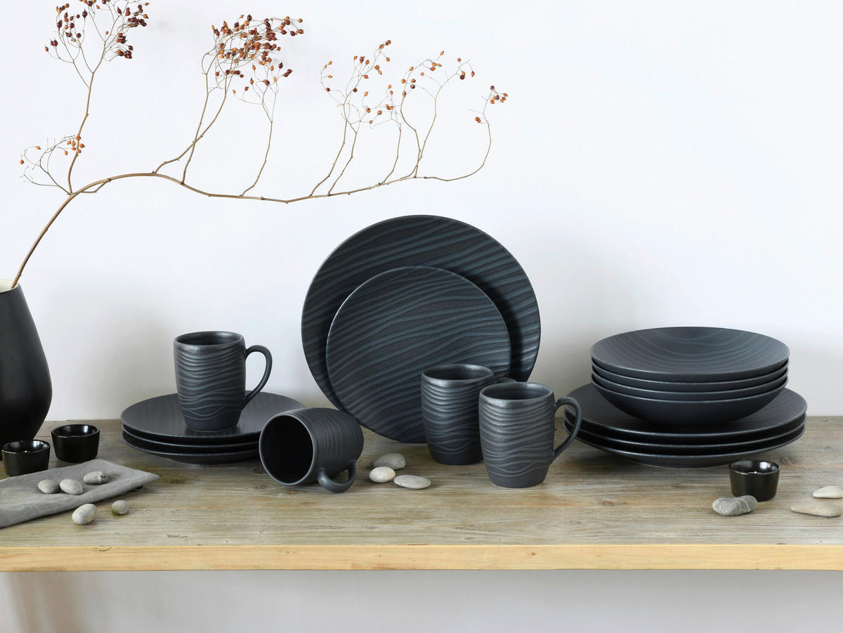 CreaTable Kombiservice Waves schwarz Steinzeug 16 tlg. Waves - schwarz - CreaTable