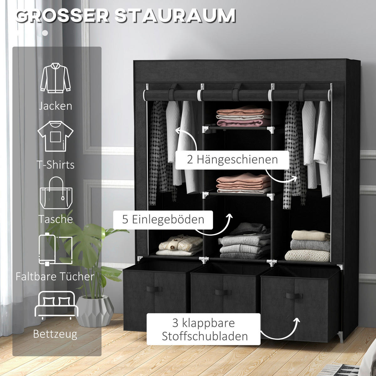 HOMCOM Kleiderschrank schwarz Polypropylen B/H/L: ca. 43x125x162,5 cm Stoffschrank - schwarz (162,50/43,00/125,00cm) - HOMCOM