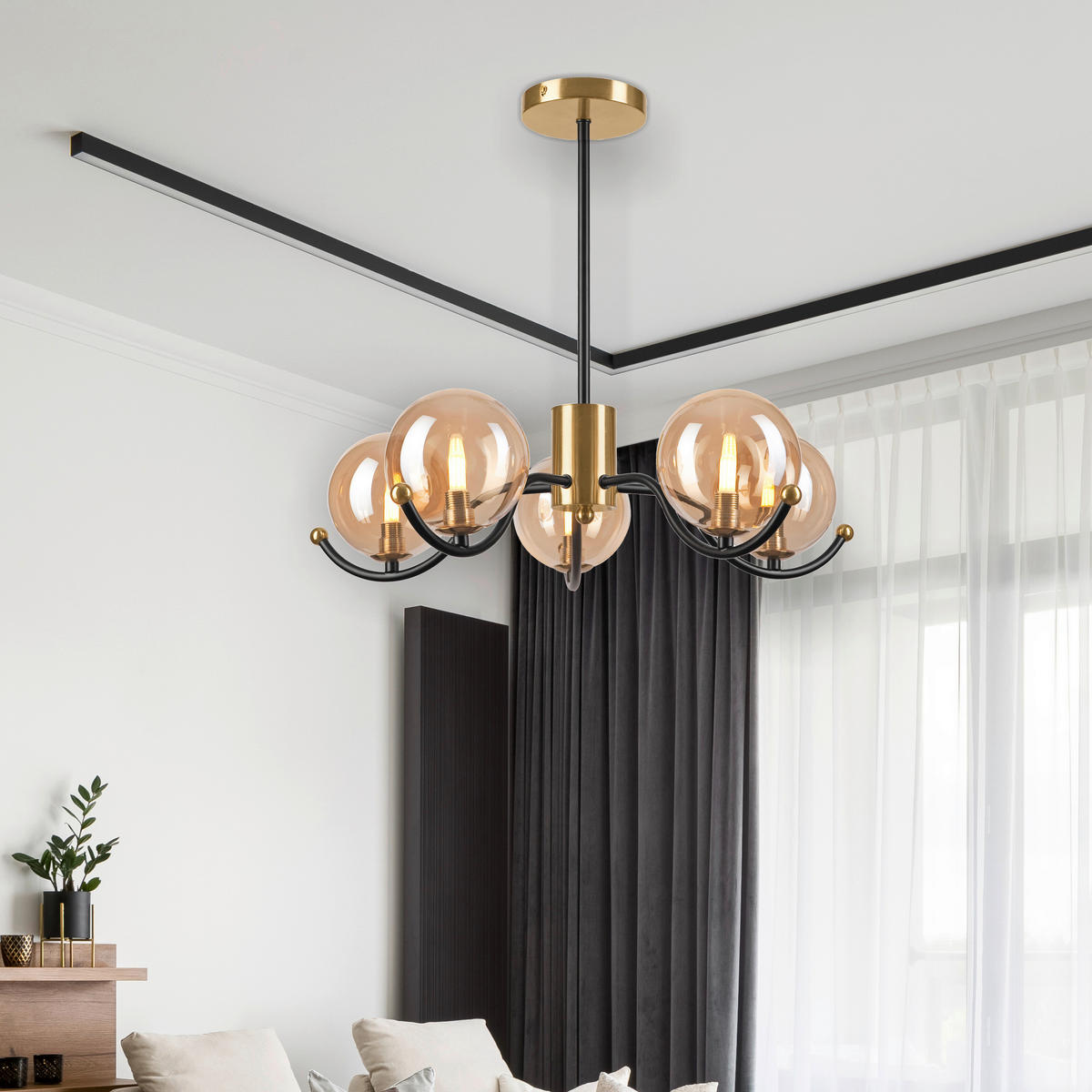 Lamkur Pendelleuchte GEORGIA 49281 schwarz gold Glas Stahl H/L: ca. 48,5x54 cm E27 5 Brennstellen Georgia - gold/schwarz (54,00cm) - Lamkur