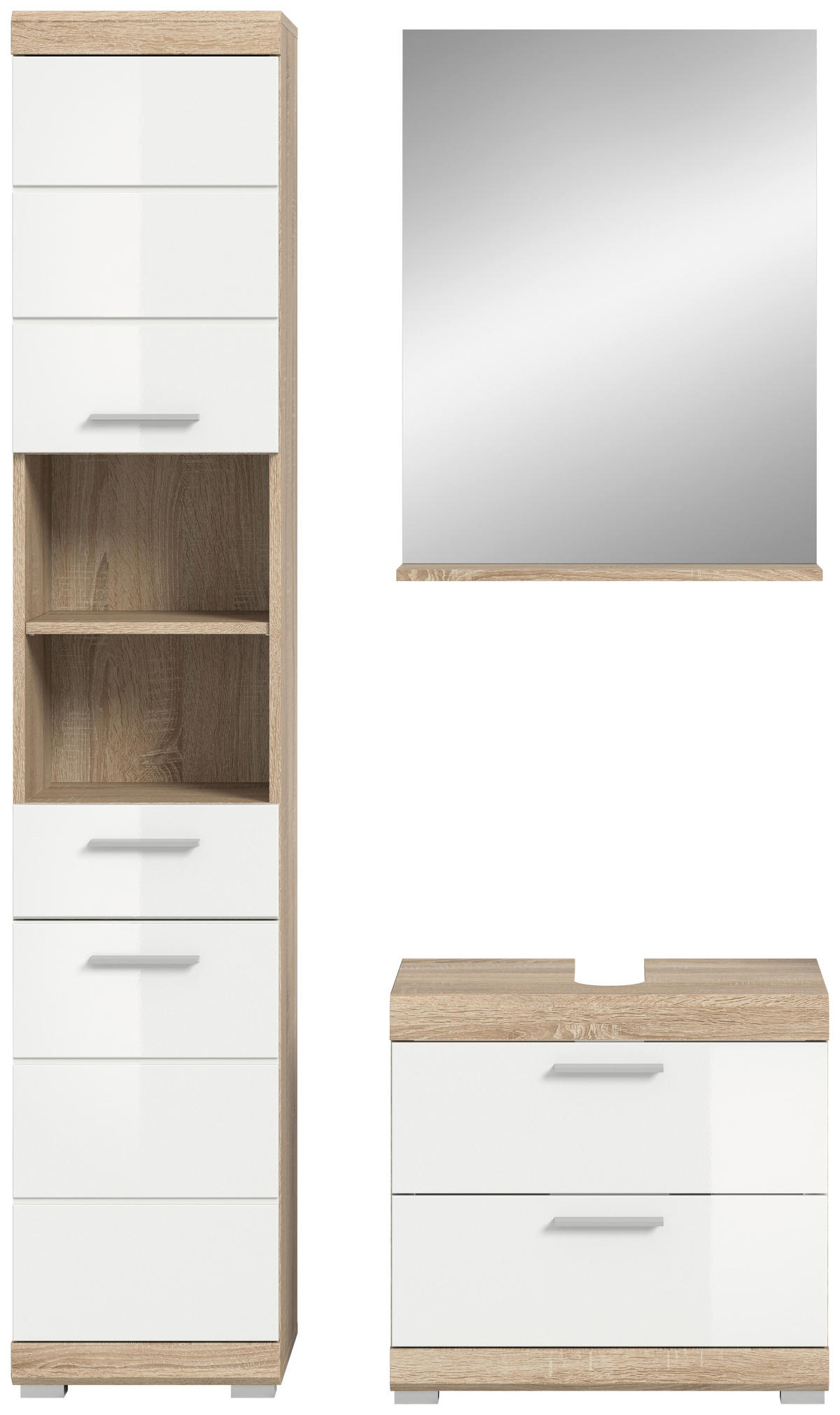 Badezimmer-Set Lambada Eiche Sonoma Nachbildung weiß Hochglanz B/H/T: ca. 112x191x37 cm Lambada - Eiche/weiß (112,00/191,00/37,00cm) - xonox.home