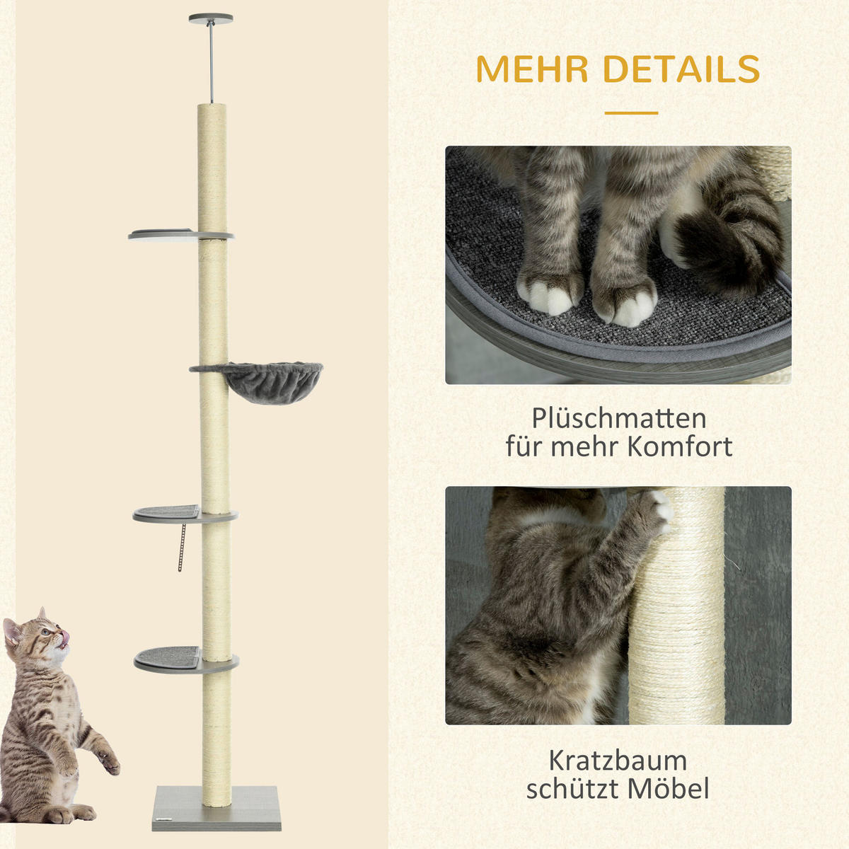 PawHut Kratzbaum grau Spanplatte B/H/L: ca. 40x40x250 cm Kratzbaum - cremeweiß/grau (250,00/40,00/40,00cm) - PawHut