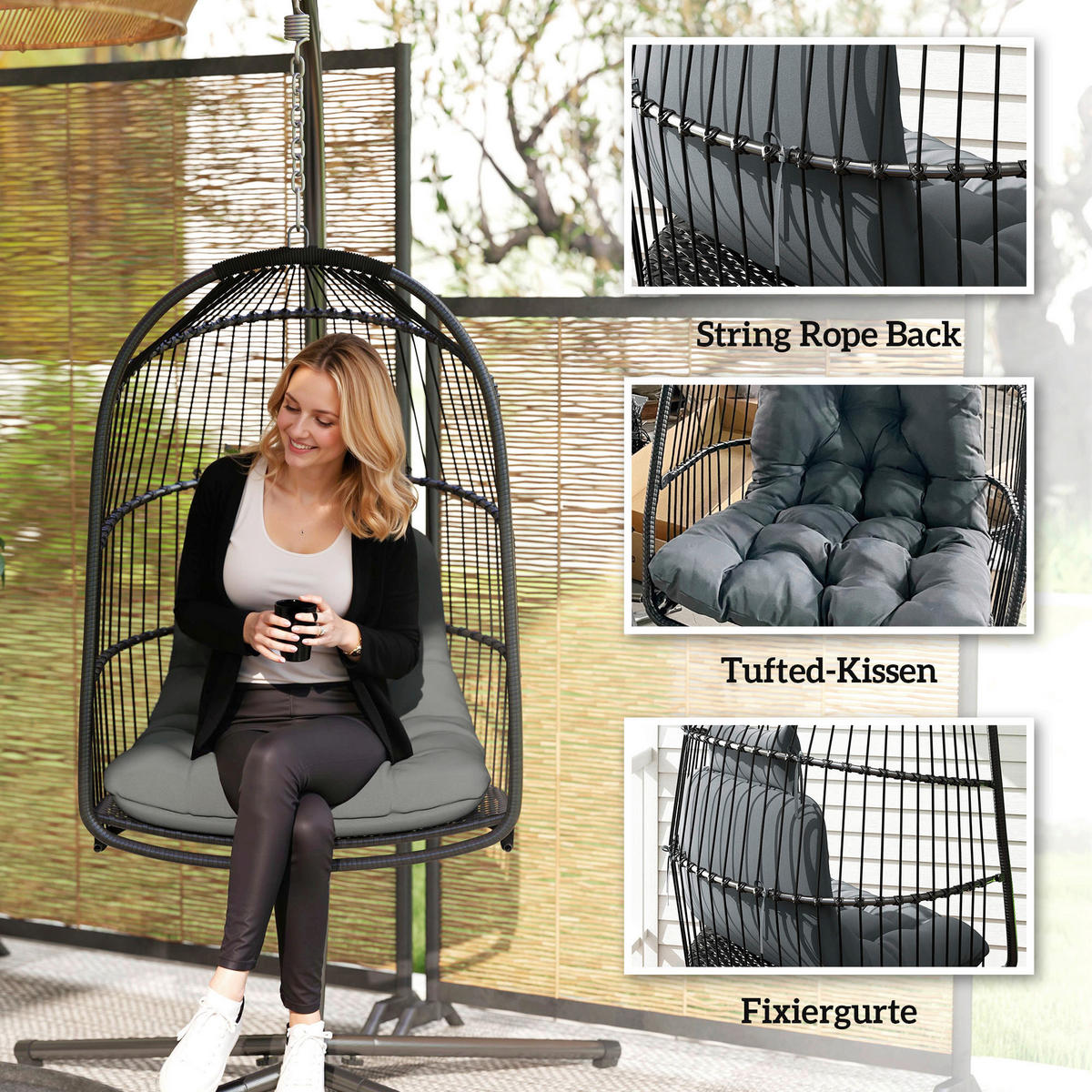 Outsunny Hängestuhl dunkelgrau Polyethylen B/H/L: ca. 68x105x74 cm Rattan-Hängestuhl - dunkelgrau (74,00/68,00/105,00cm) - Outsunny