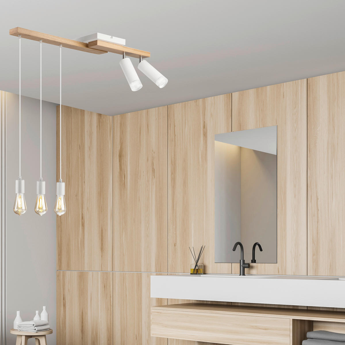Lamkur Pendelleuchte weiß Holz B/H/L: ca. 20x86x84 cm E27 5 Brennstellen CORTINA - weiß (84,00/20,00/86,00cm) - Lamkur