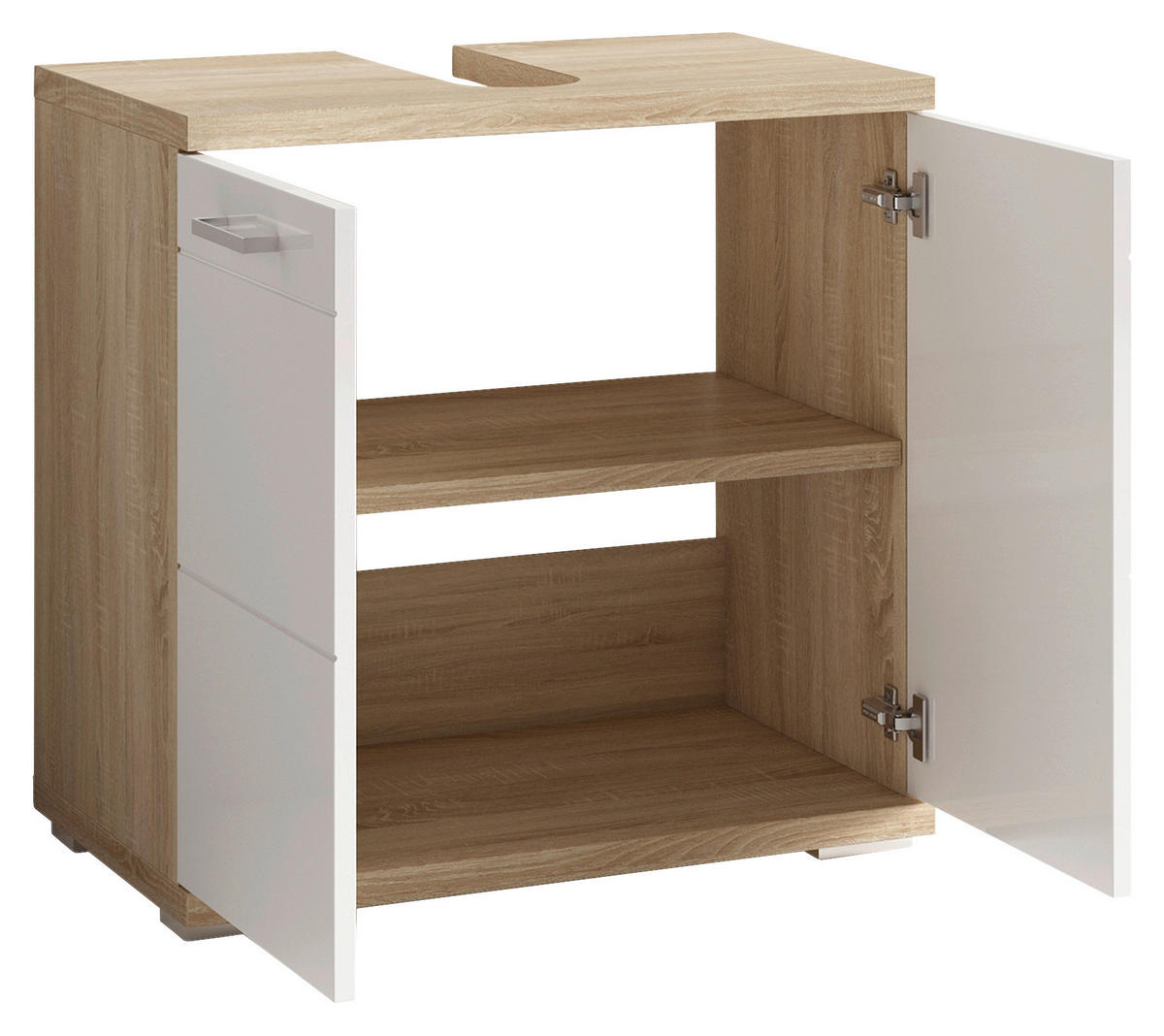 Waschbeckenunterschrank NEBRASKA Eiche Nachbildung weiß Lack Hochglanz silber B/H/T: ca. 60x59x31,5 cm NEBRASKA - Eiche/weiß (60,00/59,00/31,50cm) - byLIVING