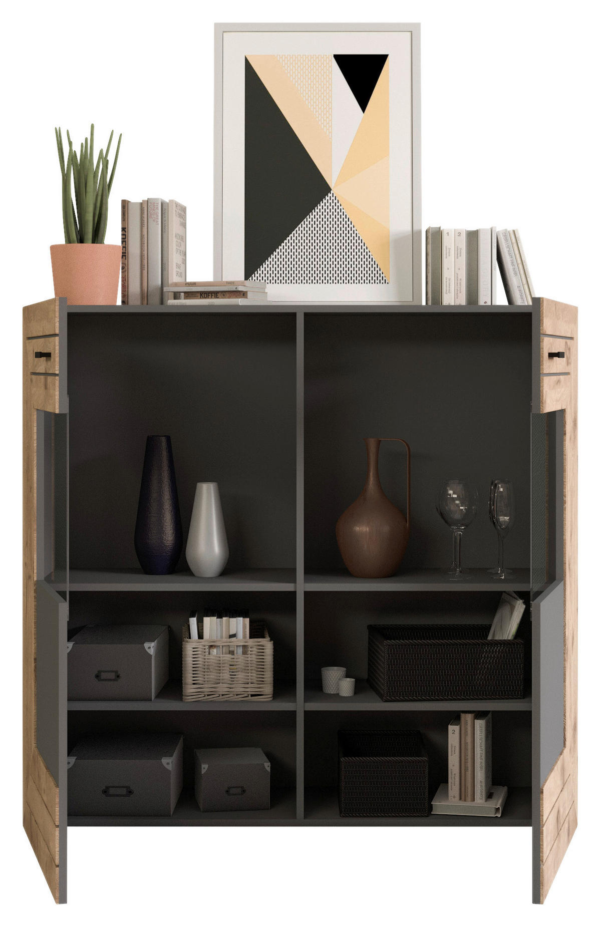 Wohnwand Freno grau matt Eiche Nox Oak Nachbildung B/H/T: ca. 350x195x40 cm Freno - Eiche/grau (350,00/195,00/40,00cm) - xonox.home