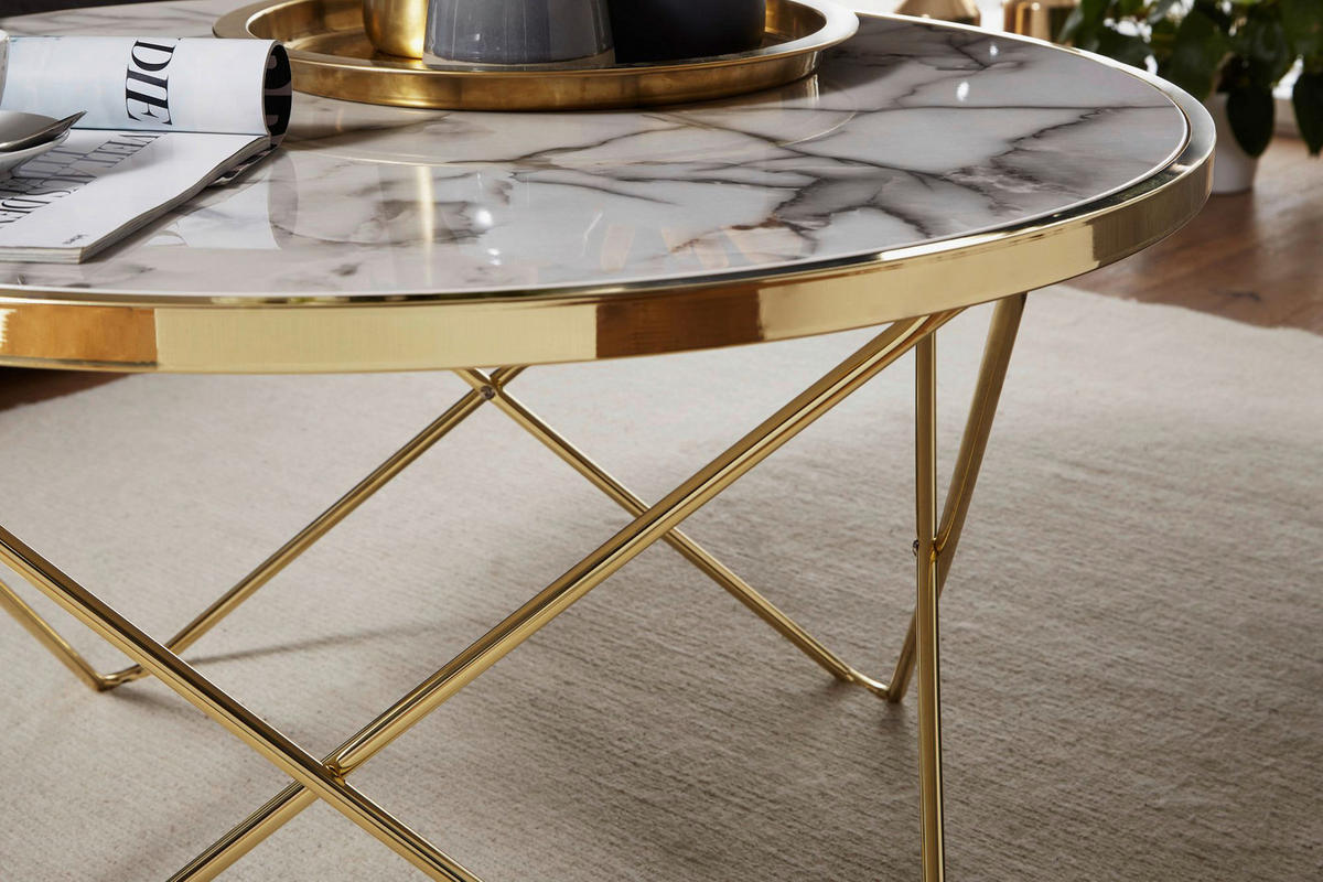 Couchtisch weiß Marmor Optik gold B/H/T: ca. 85x49x85 cm Couchtisch - gold/weiß (85,00/49,00/85,00cm) - Wohnling
