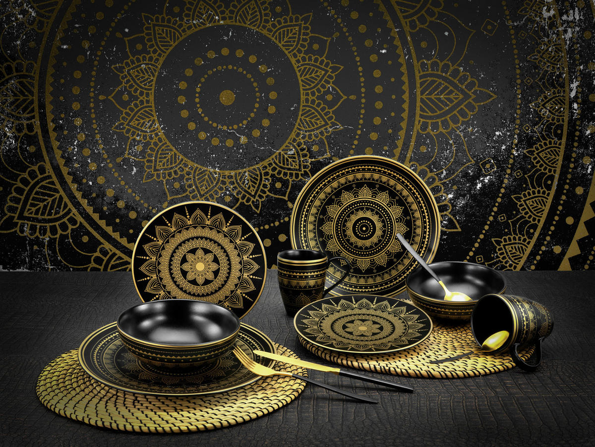 CreaTable Kombiservice Mandala schwarz Keramik Mandala - gold/schwarz - CreaTable