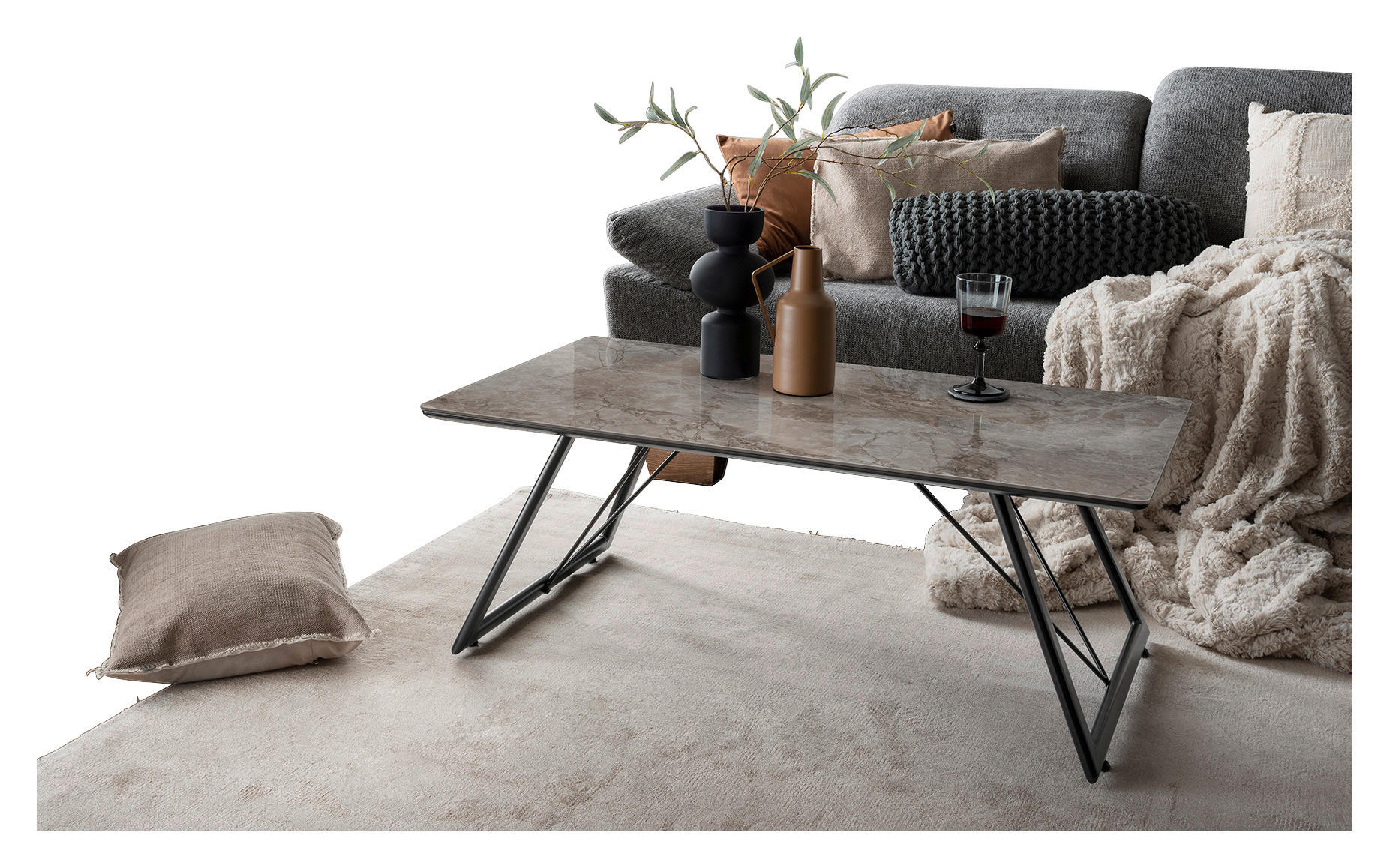 Couchtisch Chloe grau Keramik Hochglanz Nachbildung B/H/T: ca. 110x42x60 cm Chloe - grau (110,00/42,00/60,00cm)
