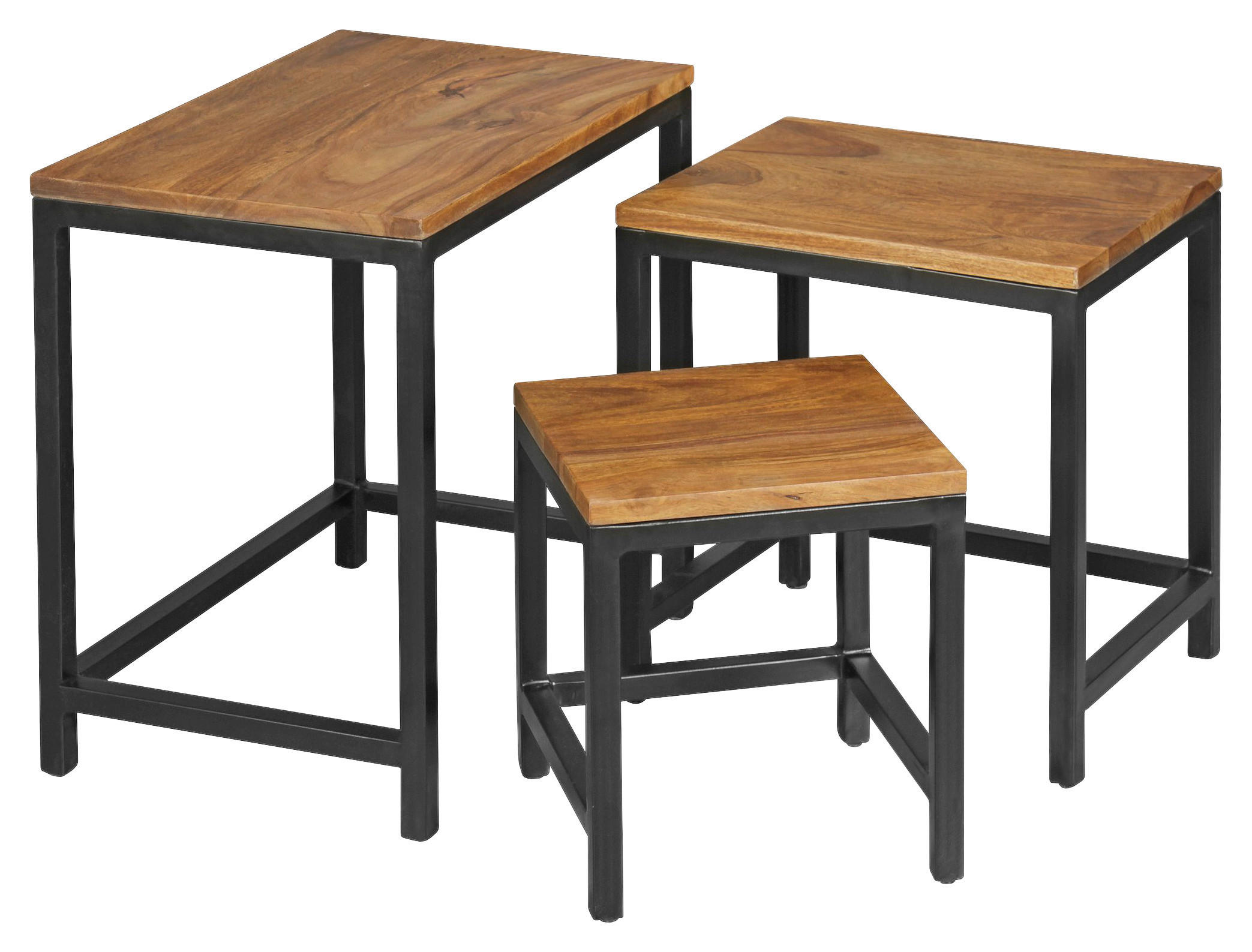 Beistelltisch 3er-Set natur schwarz pulverbeschichtet Echtholz Metall 3er-Set - natur/schwarz - Wohnling