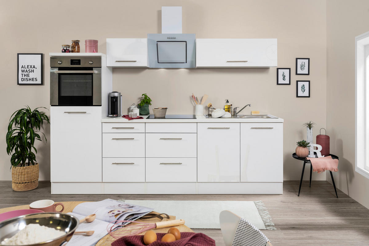 Respekta Küchenblock Amanda weiß Hochglanz B/H/T: ca. 270x200x60 cm Amanda - weiß/Edelstahloptik (270,00/200,00/60,00cm) - Respekta