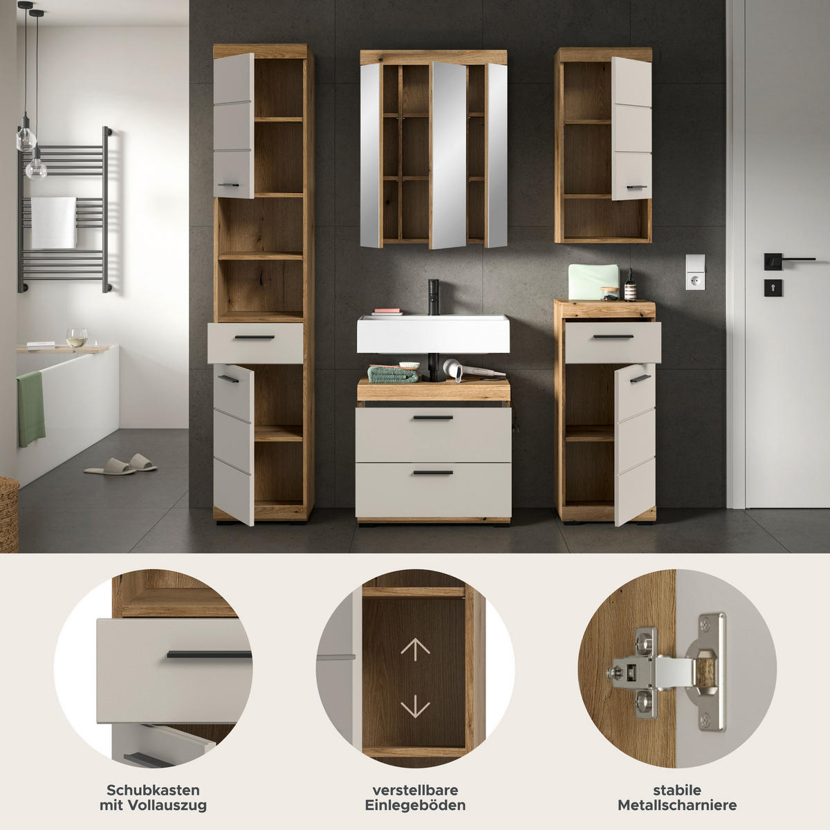Badezimmer-Set Scout Evoke Oak Nachbildung Kaschmirgrau Nachbildung B/H/T: ca. 164x191x34 cm Scout - Kaschmirgrau (164,00/191,00/34,00cm) - xonox.home