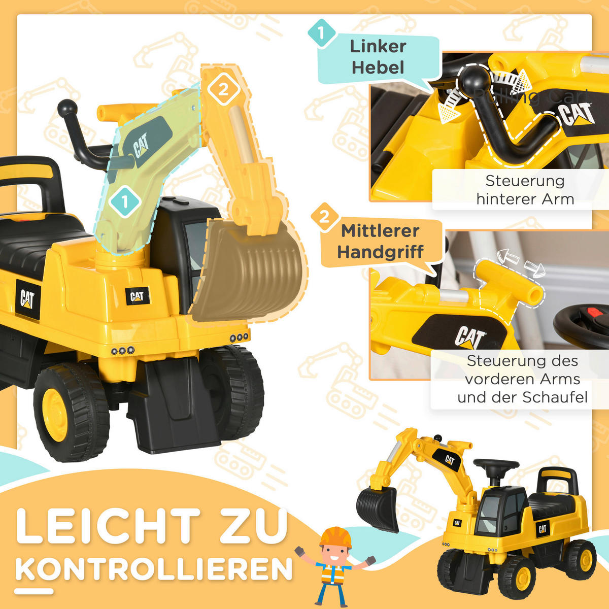 HOMCOM Kinder-Fahrzeug gelb B/H/L: ca. 27,5x85x47,5 cm Sitzbagger - gelb (47,50/27,50/85,00cm) - HOMCOM