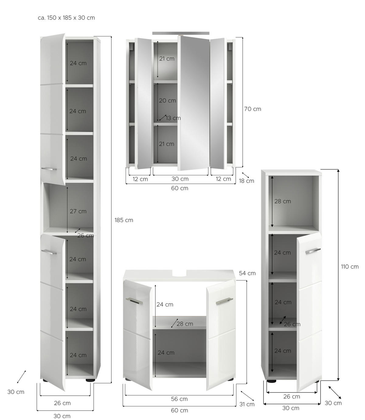 Badezimmer-Set Ice weiß weiß Hochglanz B/H/T: ca. 150x185x30 cm Ice - weiß (150,00/185,00/30,00cm) - xonox.home
