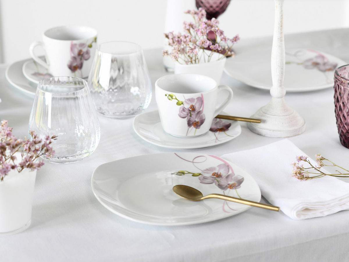 CreaTable Kaffeeservice Square Orchidee weiß Porzellan 18 tlg. Square Orchidee - weiß/mauve - CreaTable