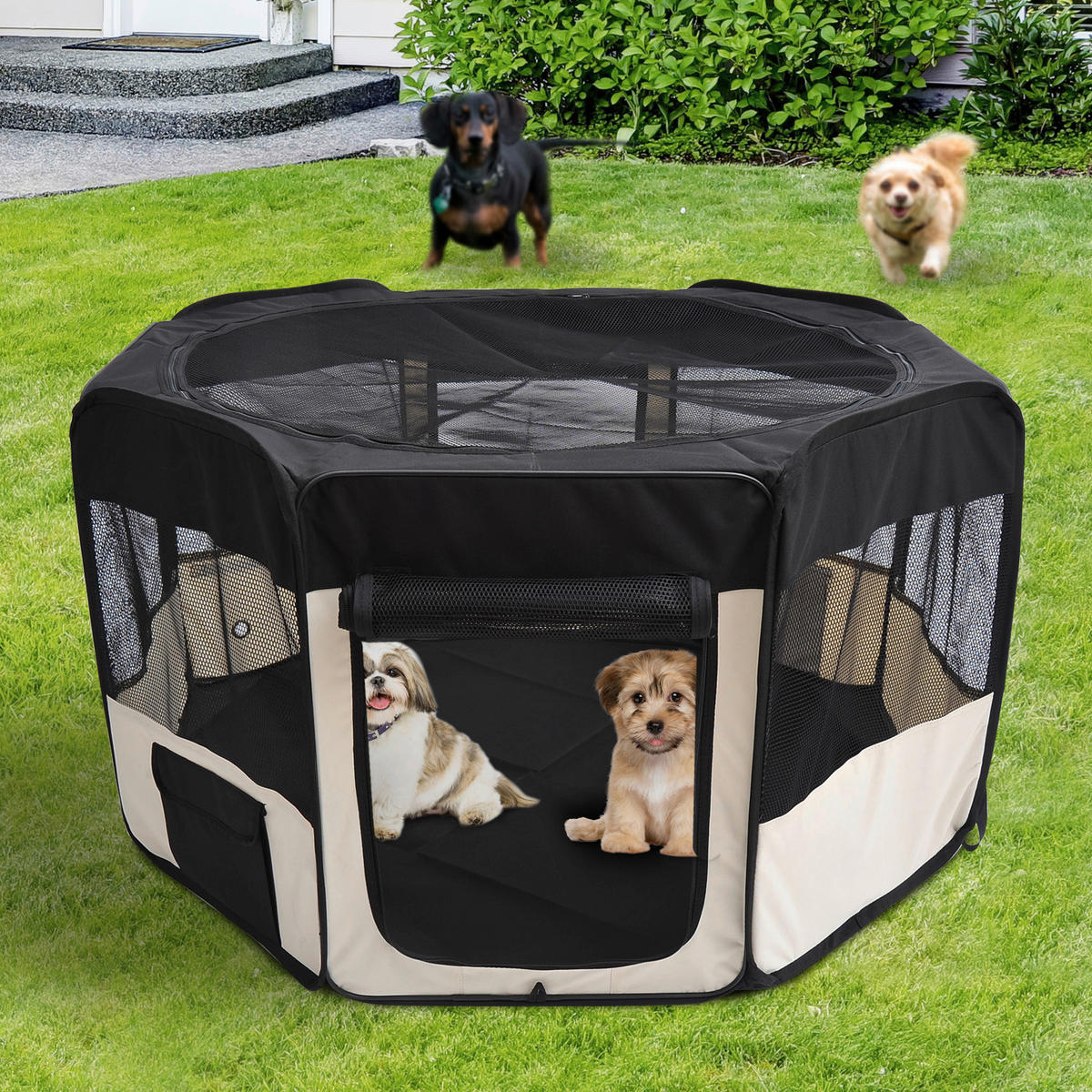 PawHut Welpenauslauf schwarz Polyester Welpenauslauf faltbar - creme/schwarz - PawHut