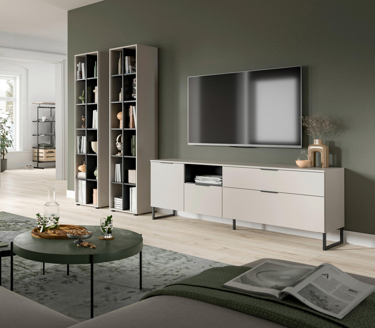 Wohnwand Noida Kaschmirgrau Nachbildung schwarz B/H/T: ca. 305x192x41 cm Noida - schwarz (305,00/192,00/41,00cm) - xonox.home
