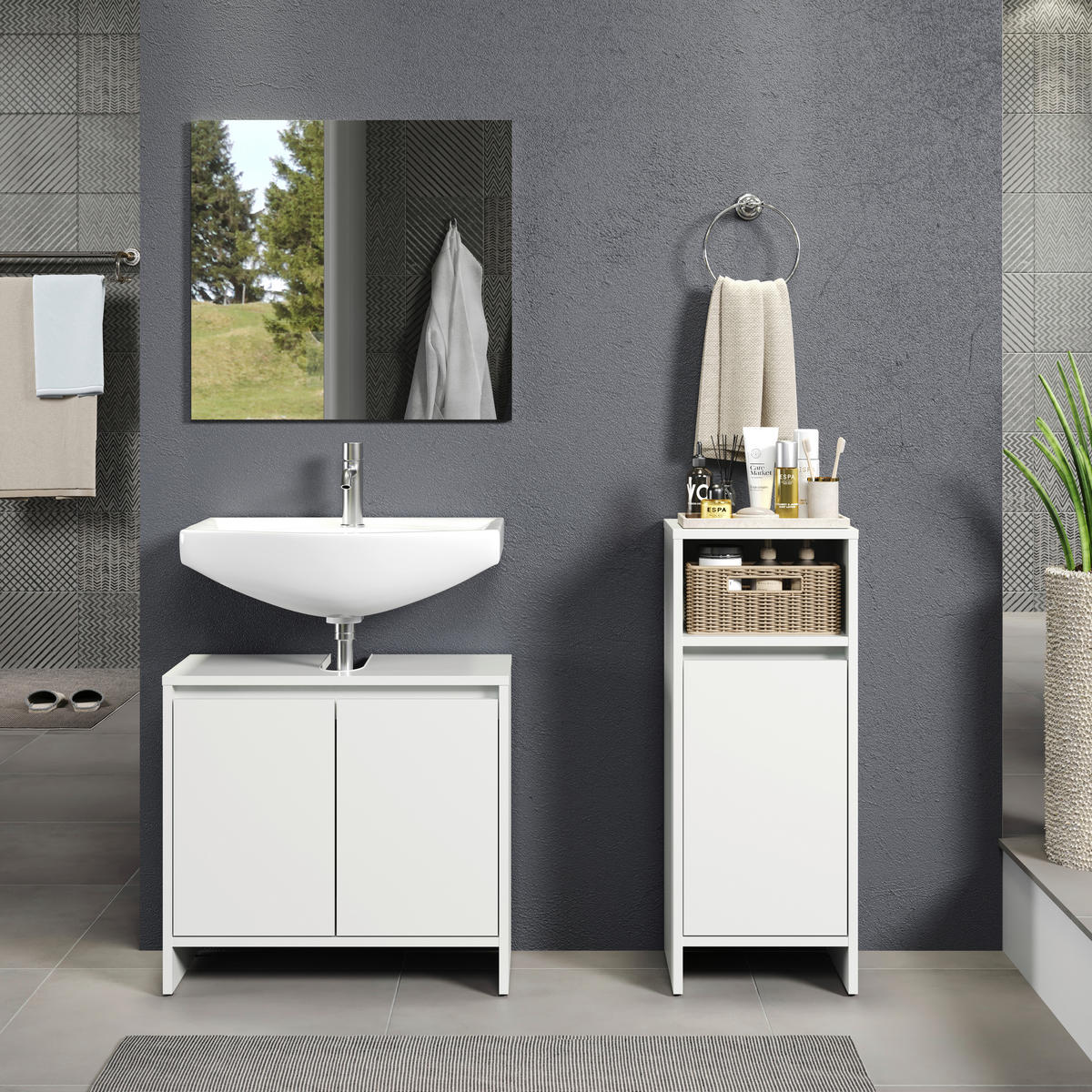 Badezimmer-Set Basix weiß matt grau B/H/T: ca. 107x164x28 cm Basix - weiß/grau (107,00/164,00/28,00cm) - Trendteam