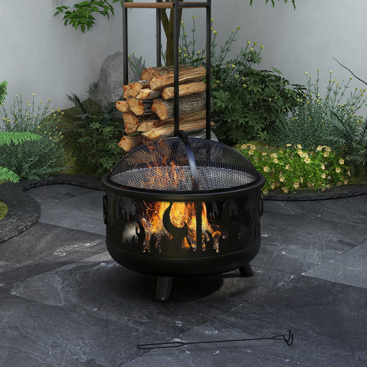 Outsunny Feuerschale schwarz Metall B/H/L: ca. 61x55x61 cm Feuerschale - schwarz (61,00/61,00/55,00cm) - Outsunny