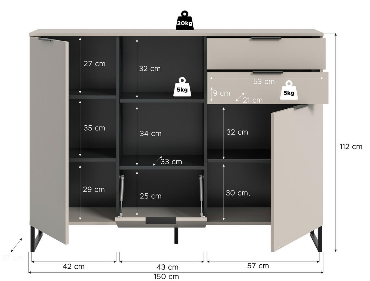 Highboard Noida Kaschmirgrau Nachbildung schwarz B/H/T: ca. 112x150x37 cm Noida - schwarz (112,00/150,00/37,00cm) - xonox.home