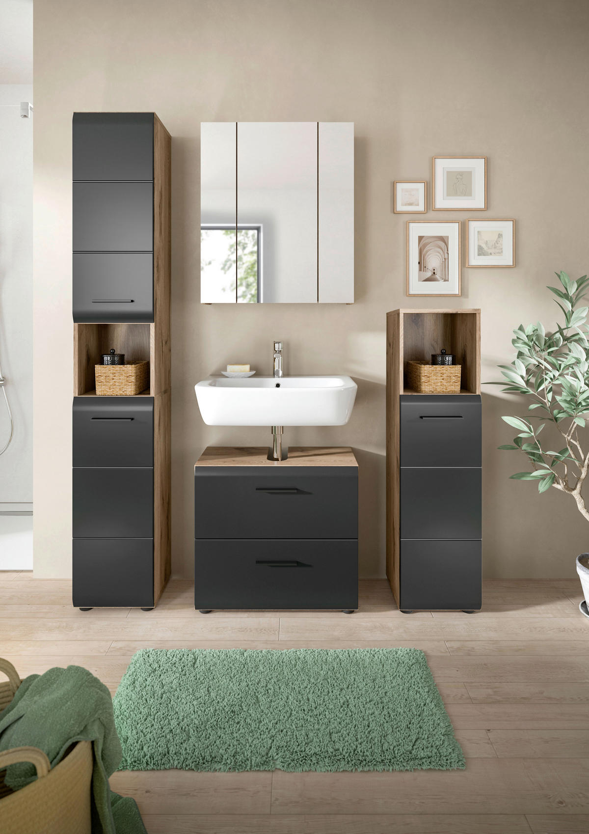 Badezimmer-Set Ice Nox Oak Nachbildung schwarz matt B/H/T: ca. 150x185x30 cm Ice - schwarz (150,00/185,00/30,00cm) - xonox.home