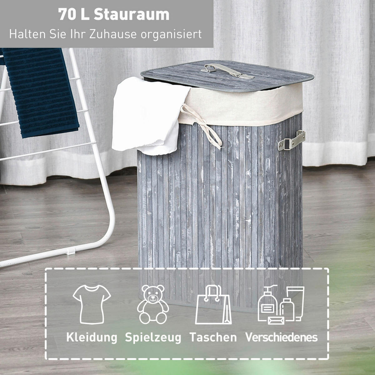 Wäschekorb mit 2 Tragegriffen grau Bambus Stoff Kunststoff B/H/L: ca. 30x60x40 cm Wäschekorb 850-017GY - grau (40,00/30,00/60,00cm) - HOMCOM