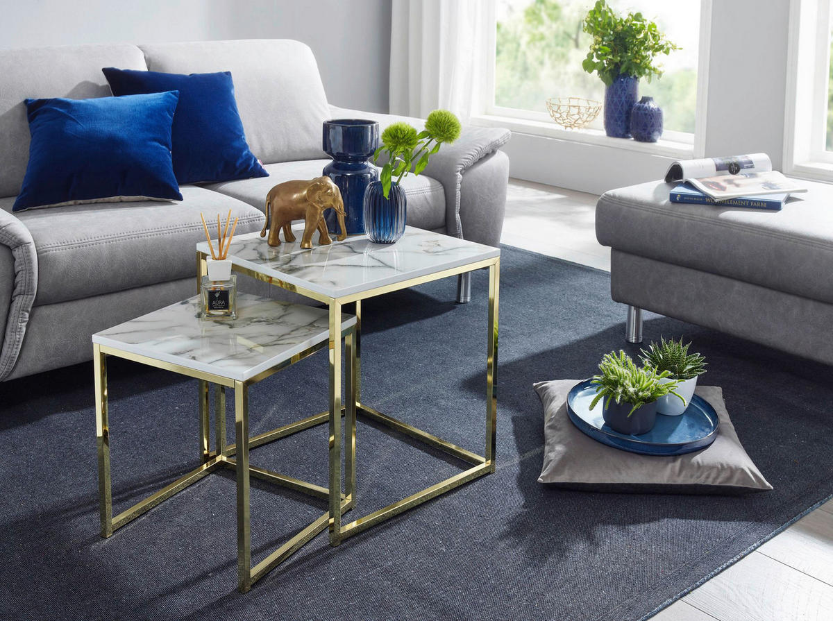 Couchtisch 2er-Set. weiß Marmor Optik gold 2er-Set. - gold/weiß - Wohnling