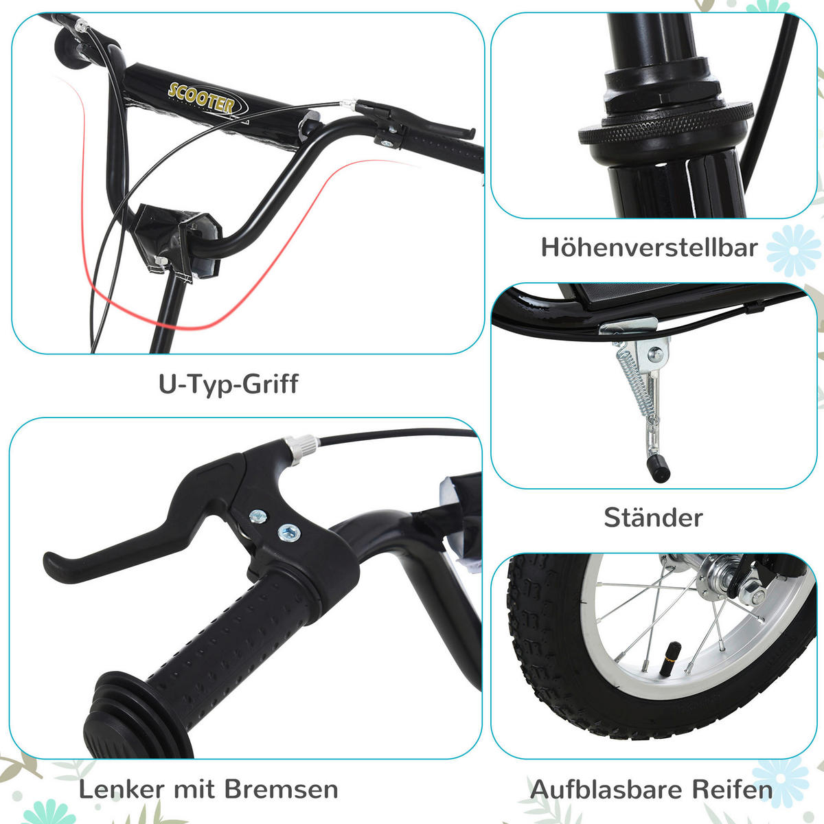 HOMCOM Tretroller schwarz Tretroller - schwarz (120,00/58,00/85,00cm) - HOMCOM