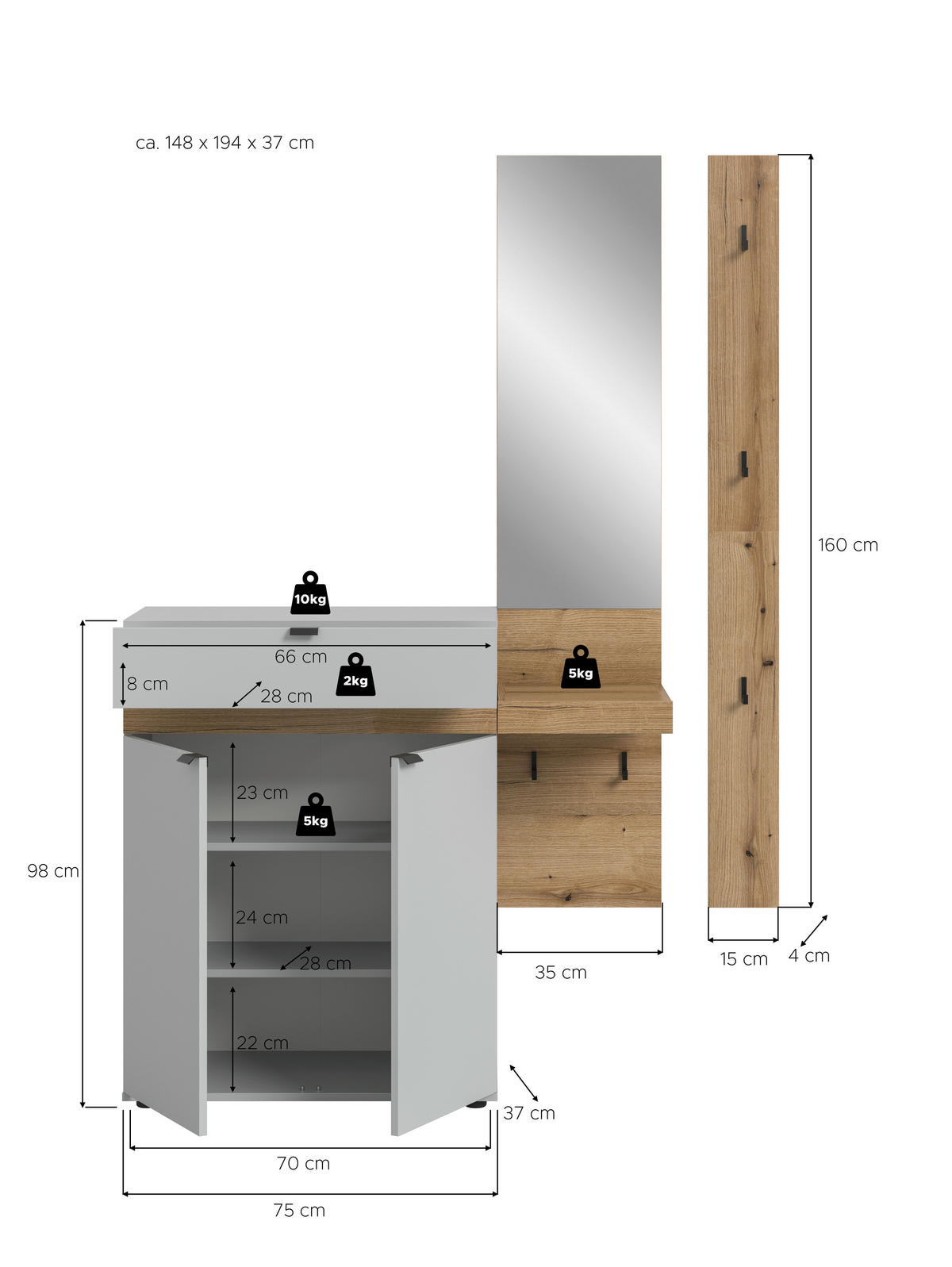 Garderobe Naro weiß Evoke Oak Nachbildung B/H/T: ca. 148x194x37 cm Naro - weiß (148,00/194,00/37,00cm) - xonox.home