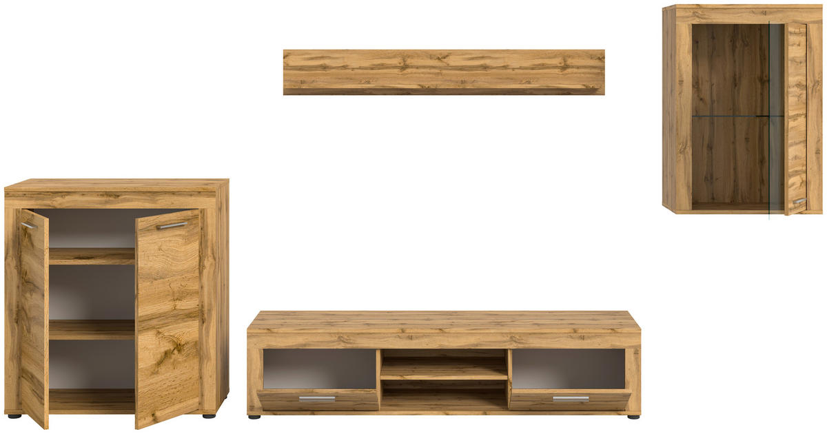 Wohnwand Jam Eiche Wotan Nachbildung B/H/T: ca. 330x169x35 cm Jam - Eiche (330,00/169,00/35,00cm) - xonox.home
